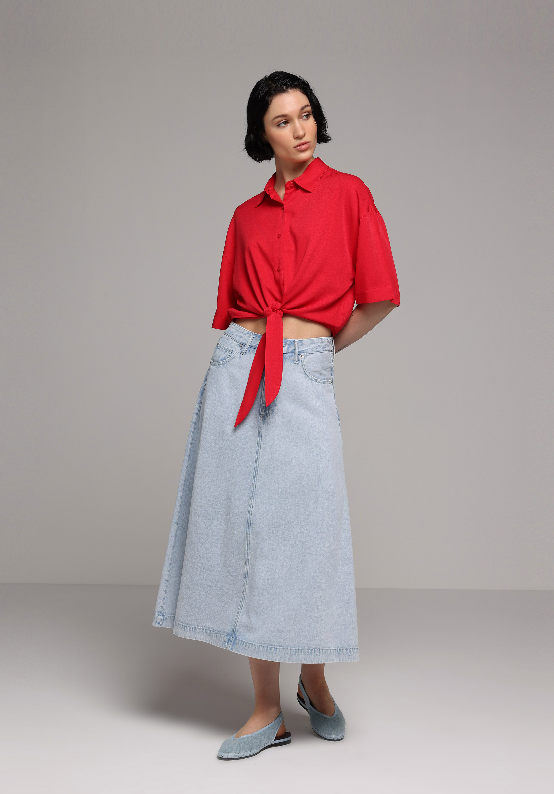 Regular Fit Düz Fermuarlı Kadın Bleach İndigo Denim Etek