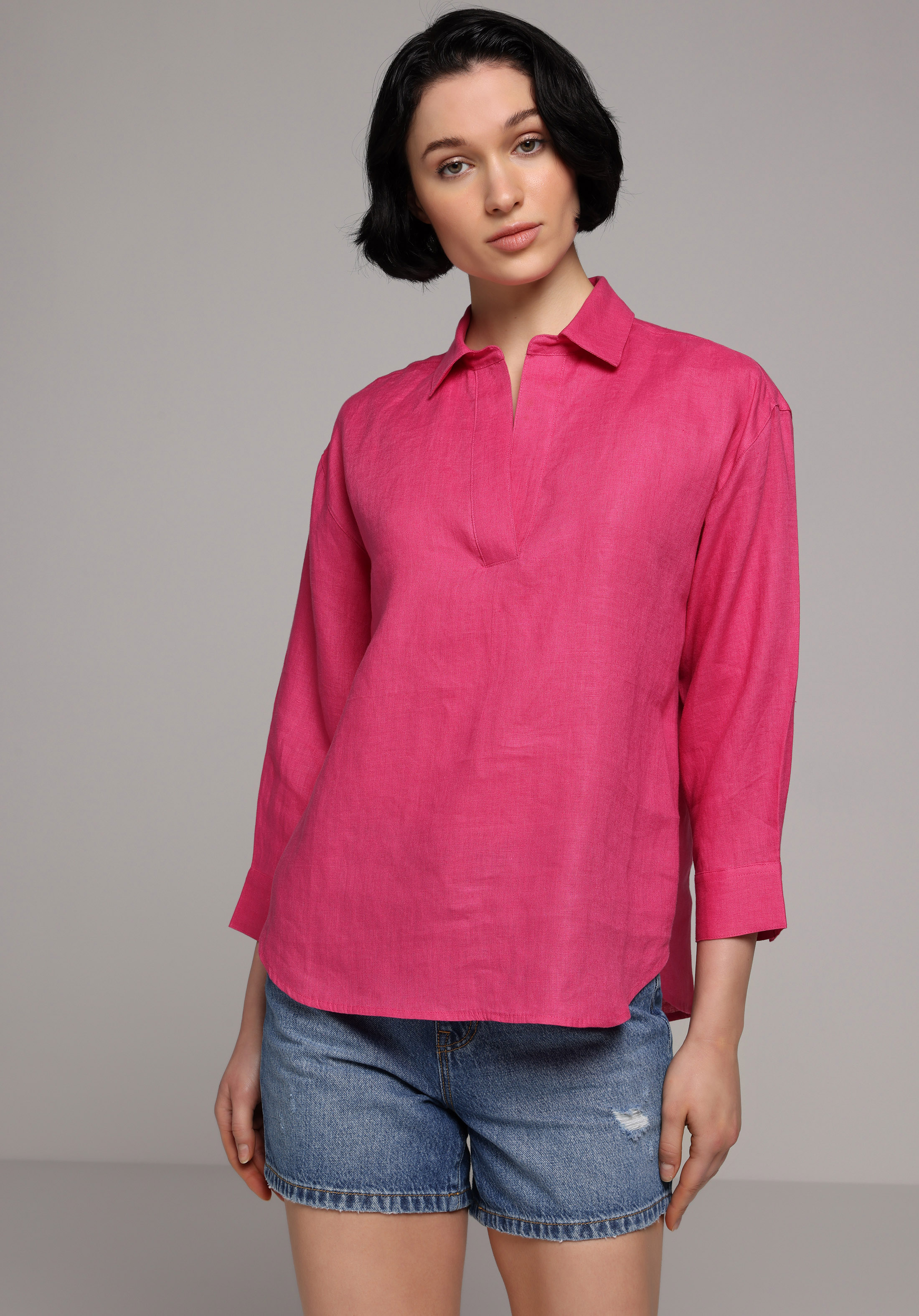 Fashion Fit Shirt Neck Düz Kadın Pembe ¾ Kol Gömlek
