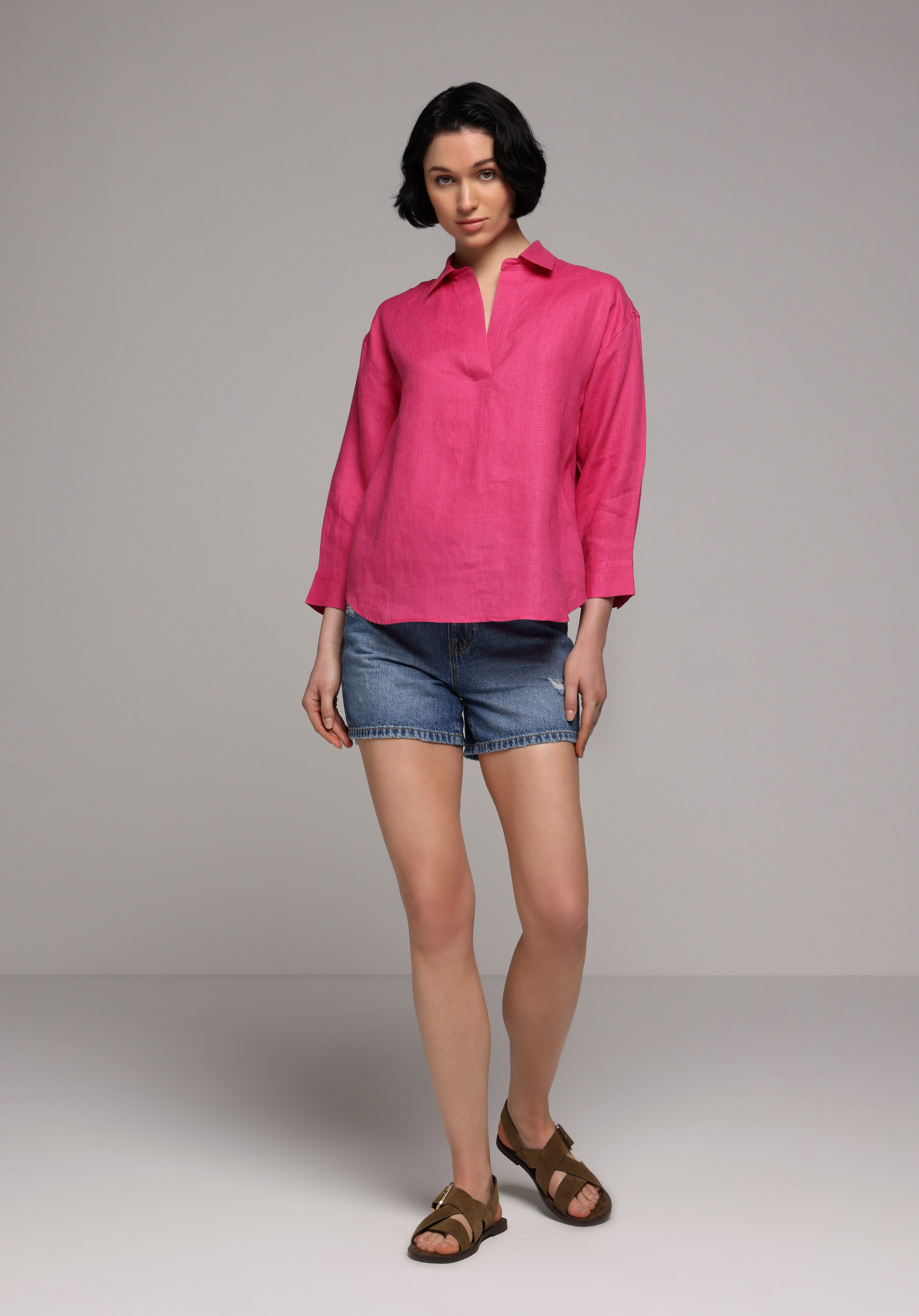 Fashion Fit Shirt Neck Düz Kadın Pembe ¾ Kol Gömlek