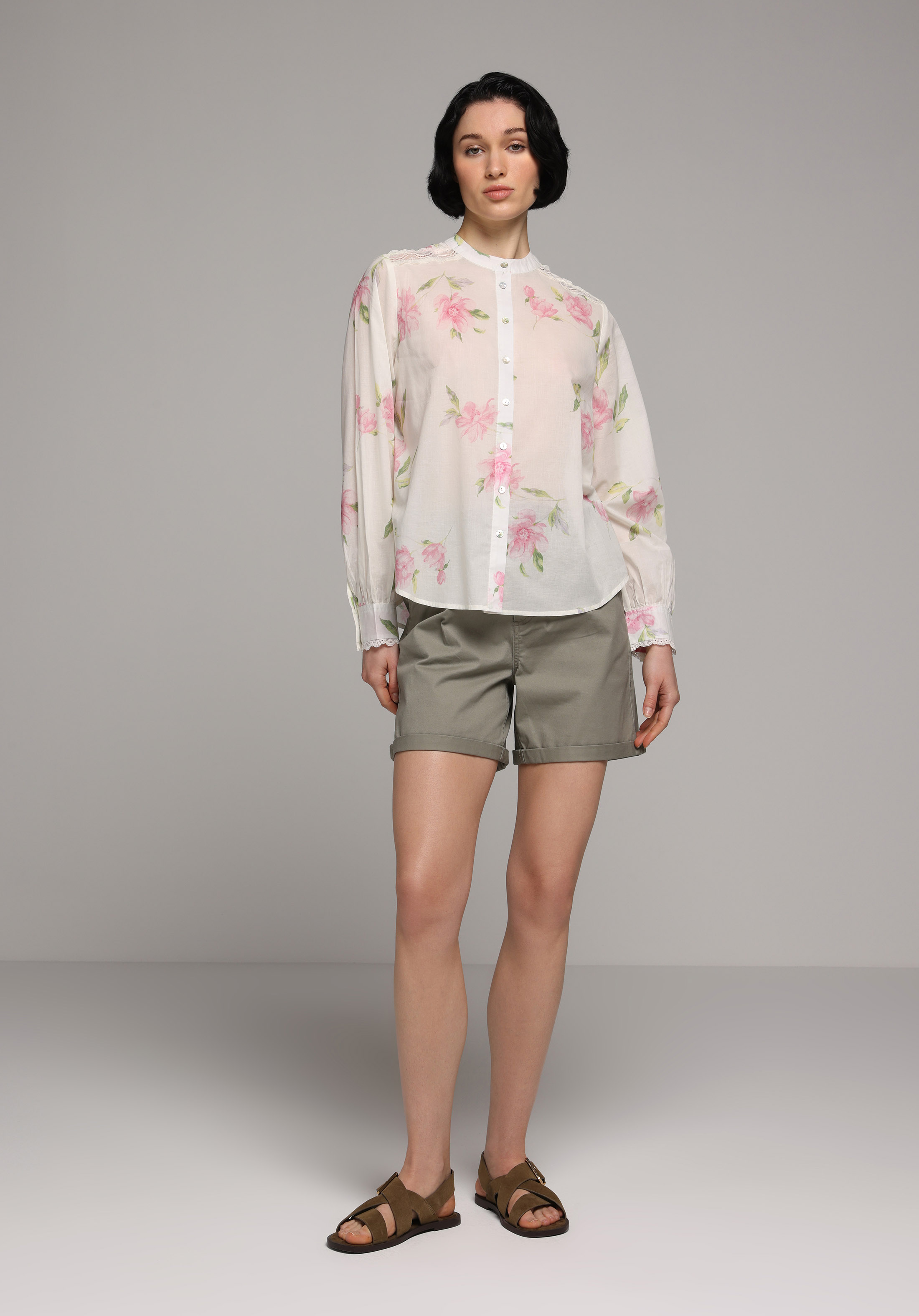 Fashion Fit Yuvarlak Yaka Metraj Baskılı Kadın Pembe Uzun Kol Gömlek