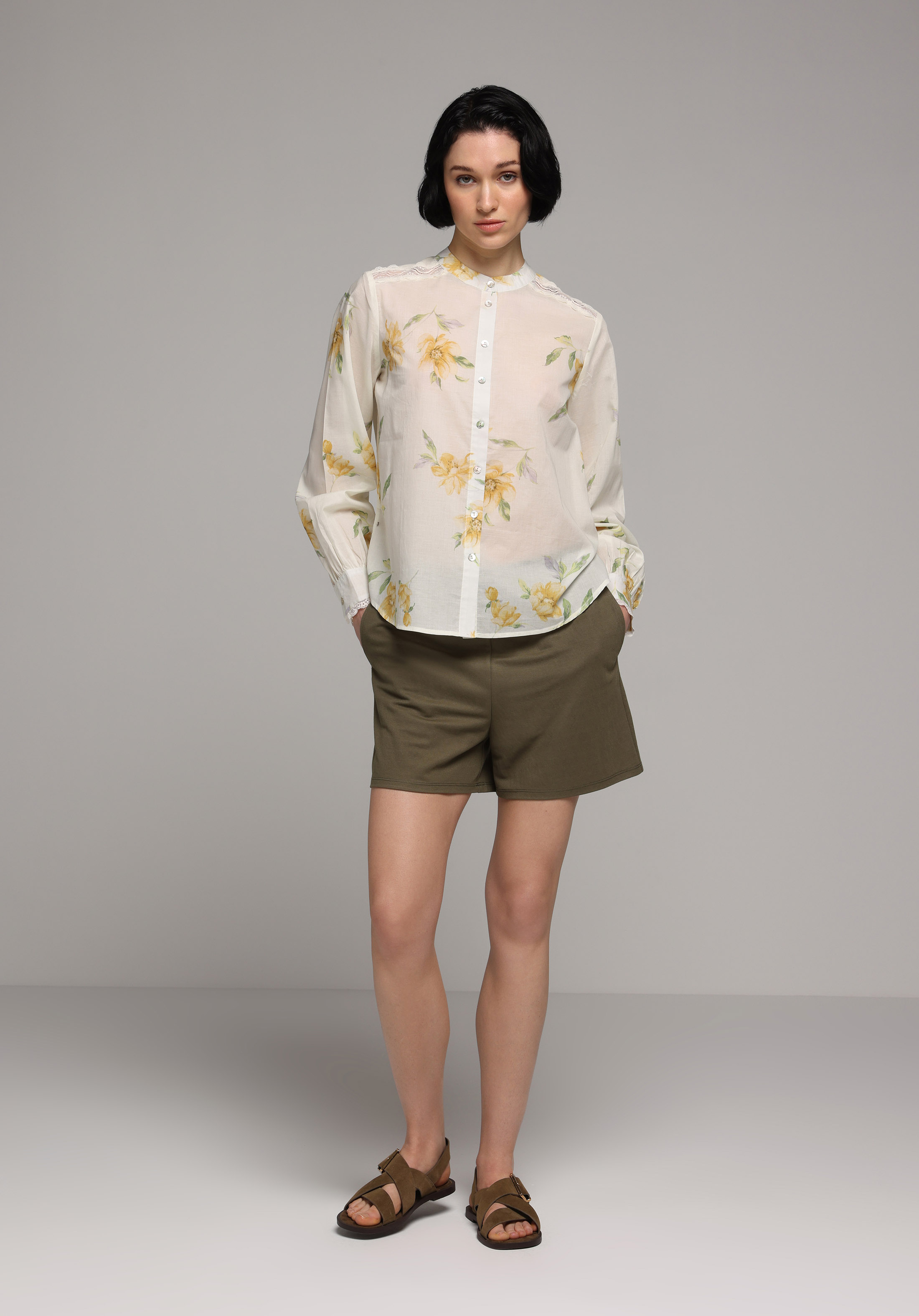 Fashion Fit Yuvarlak Yaka Metraj Baskılı Kadın Sari Uzun Kol Gömlek