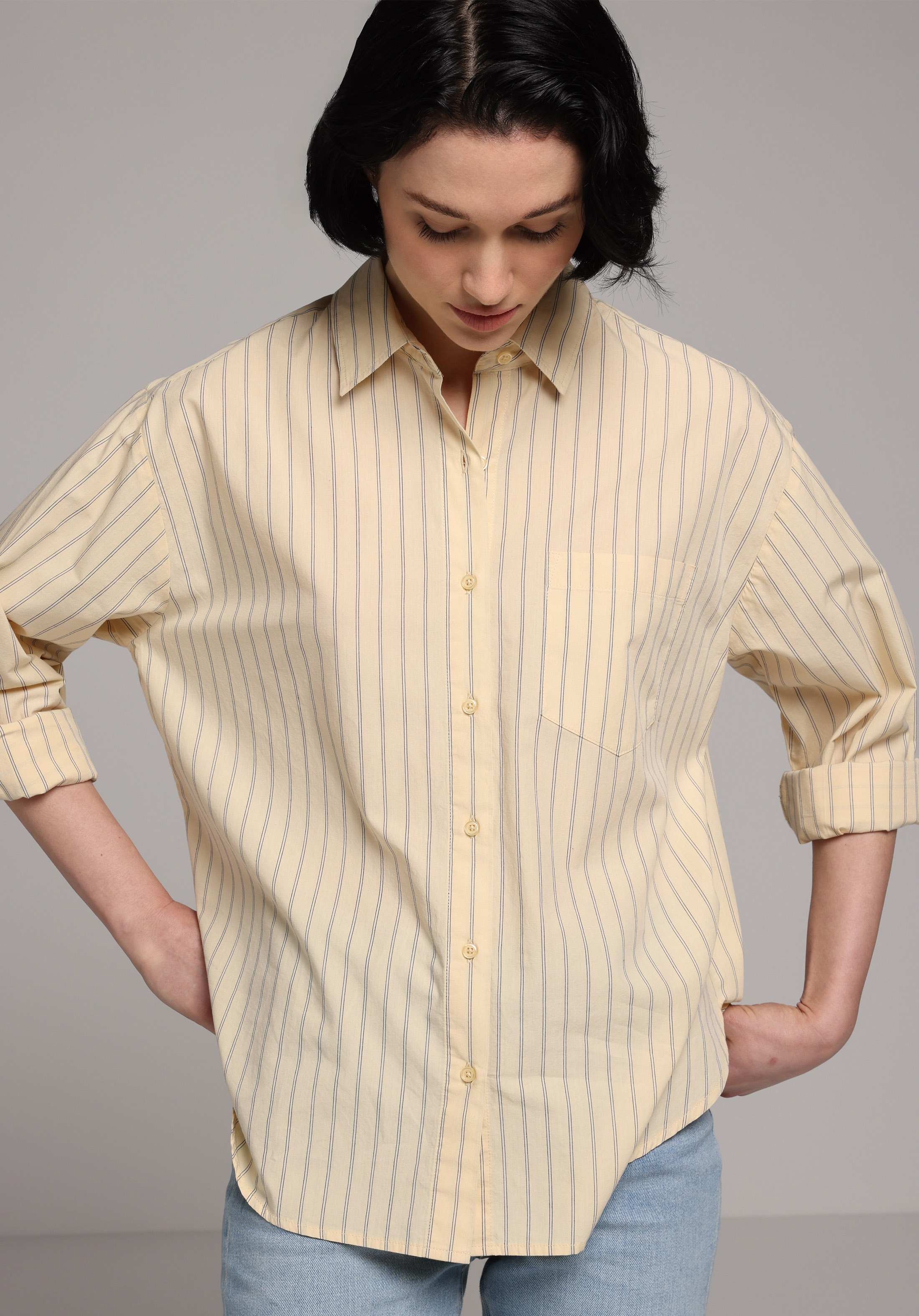 Boyfriend Fit Shirt Neck Çizgili Kadın Sari Uzun Kol Gömlek