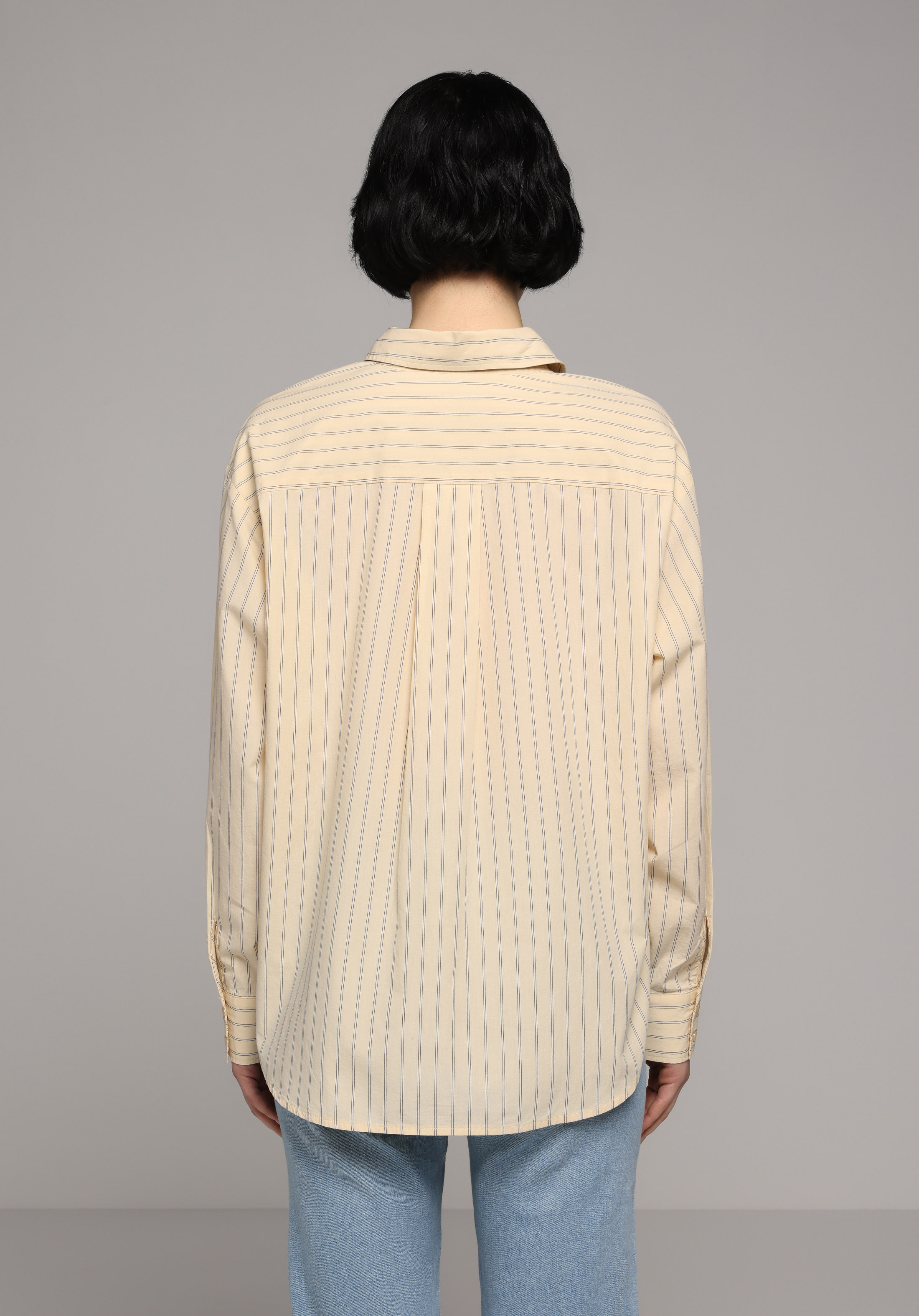 Boyfriend Fit Shirt Neck Çizgili Kadın Sari Uzun Kol Gömlek