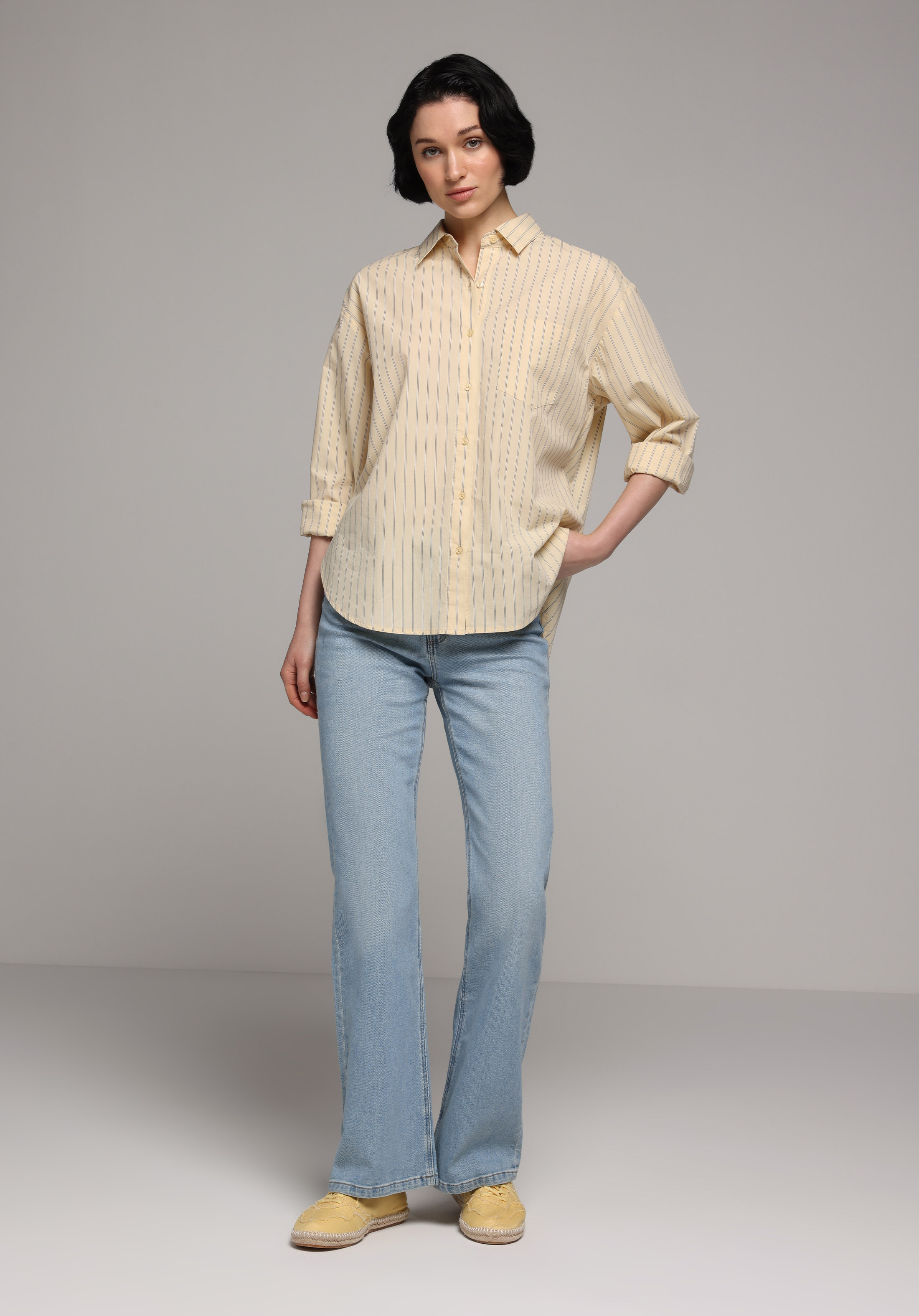 Boyfriend Fit Shirt Neck Çizgili Kadın Sari Uzun Kol Gömlek