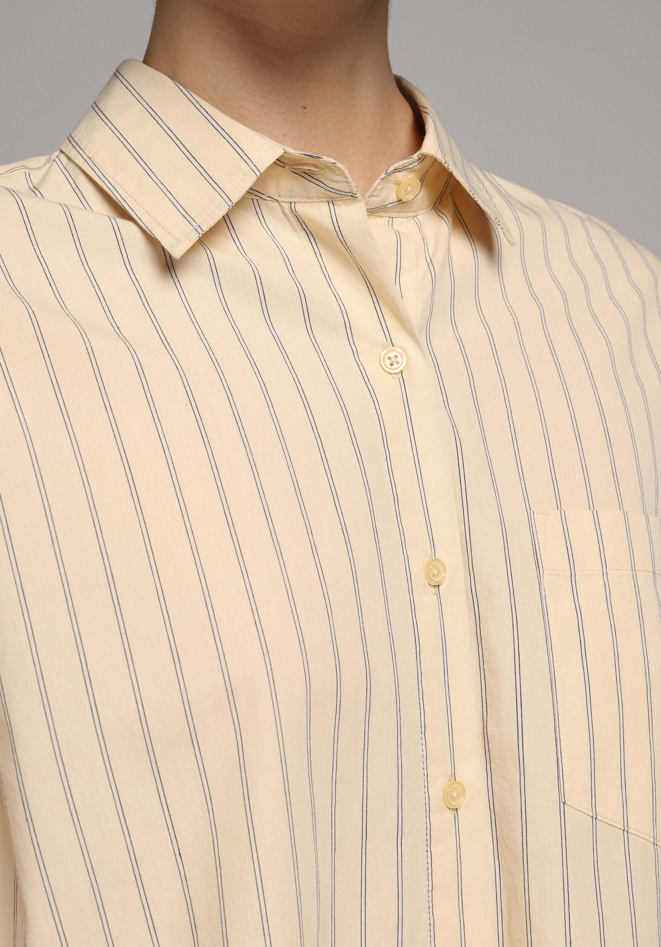 Boyfriend Fit Shirt Neck Çizgili Kadın Sari Uzun Kol Gömlek