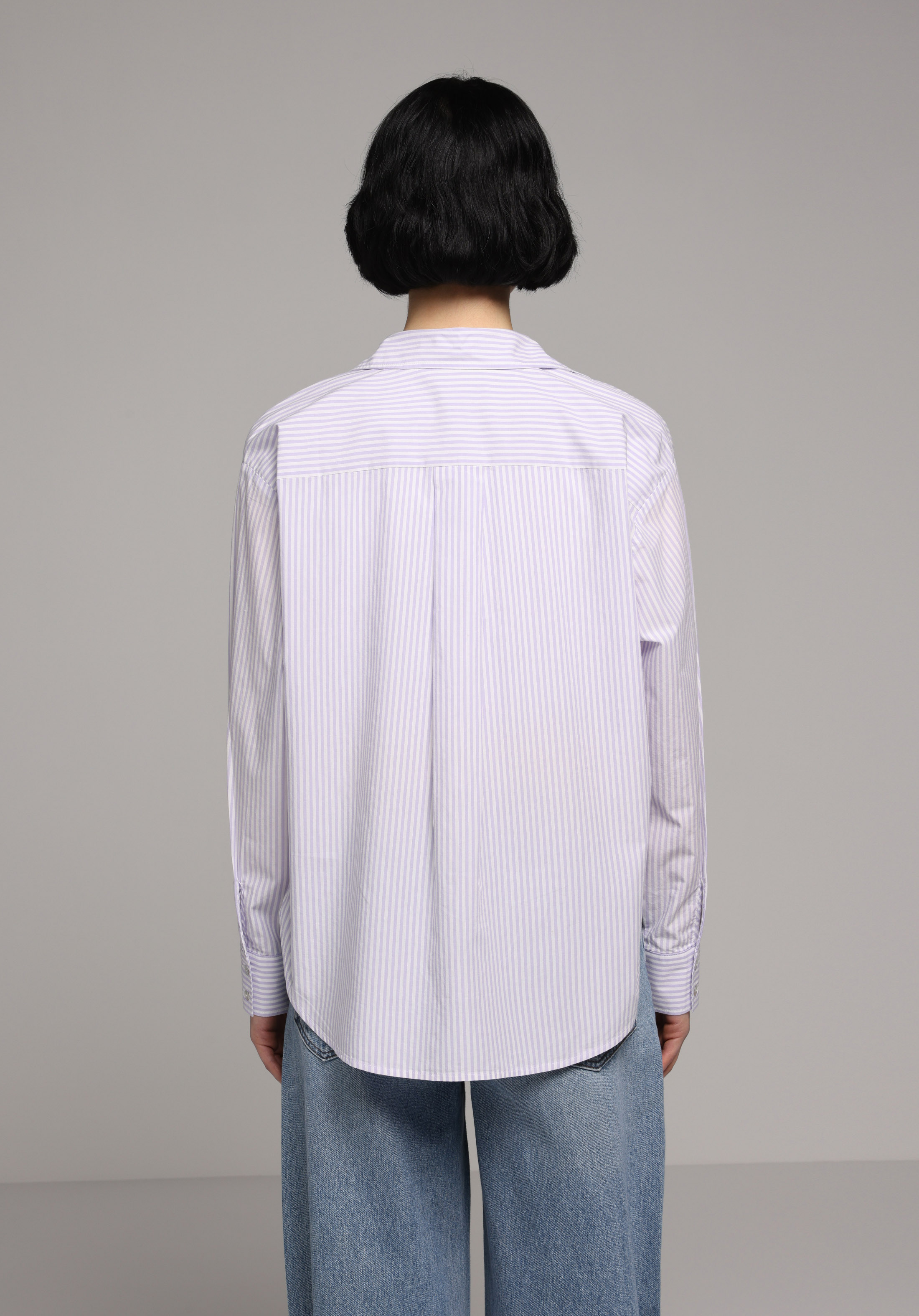 Boyfriend Fit Shirt Neck Çizgili Kadın Mor Uzun Kol Gömlek