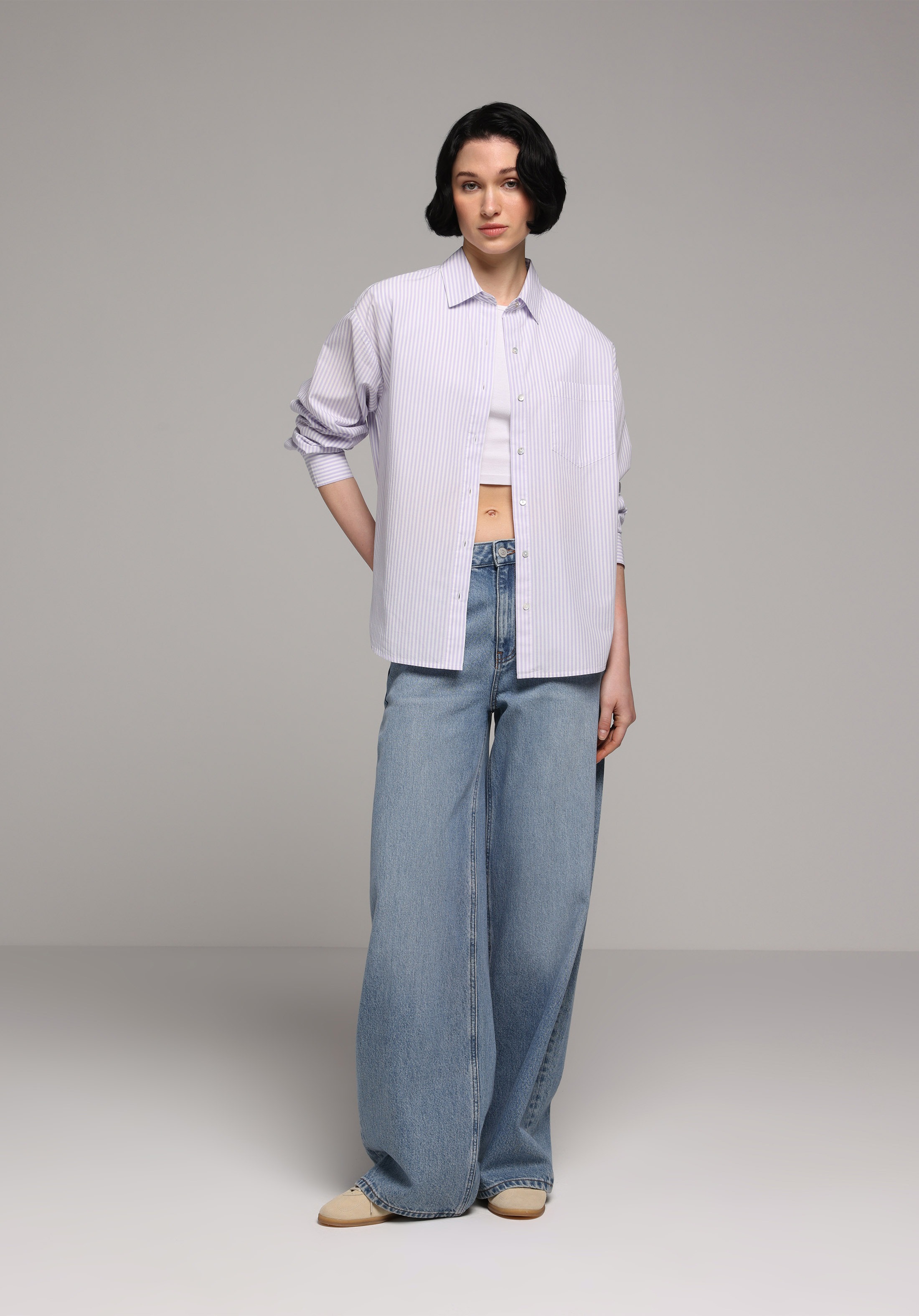 Boyfriend Fit Shirt Neck Çizgili Kadın Mor Uzun Kol Gömlek