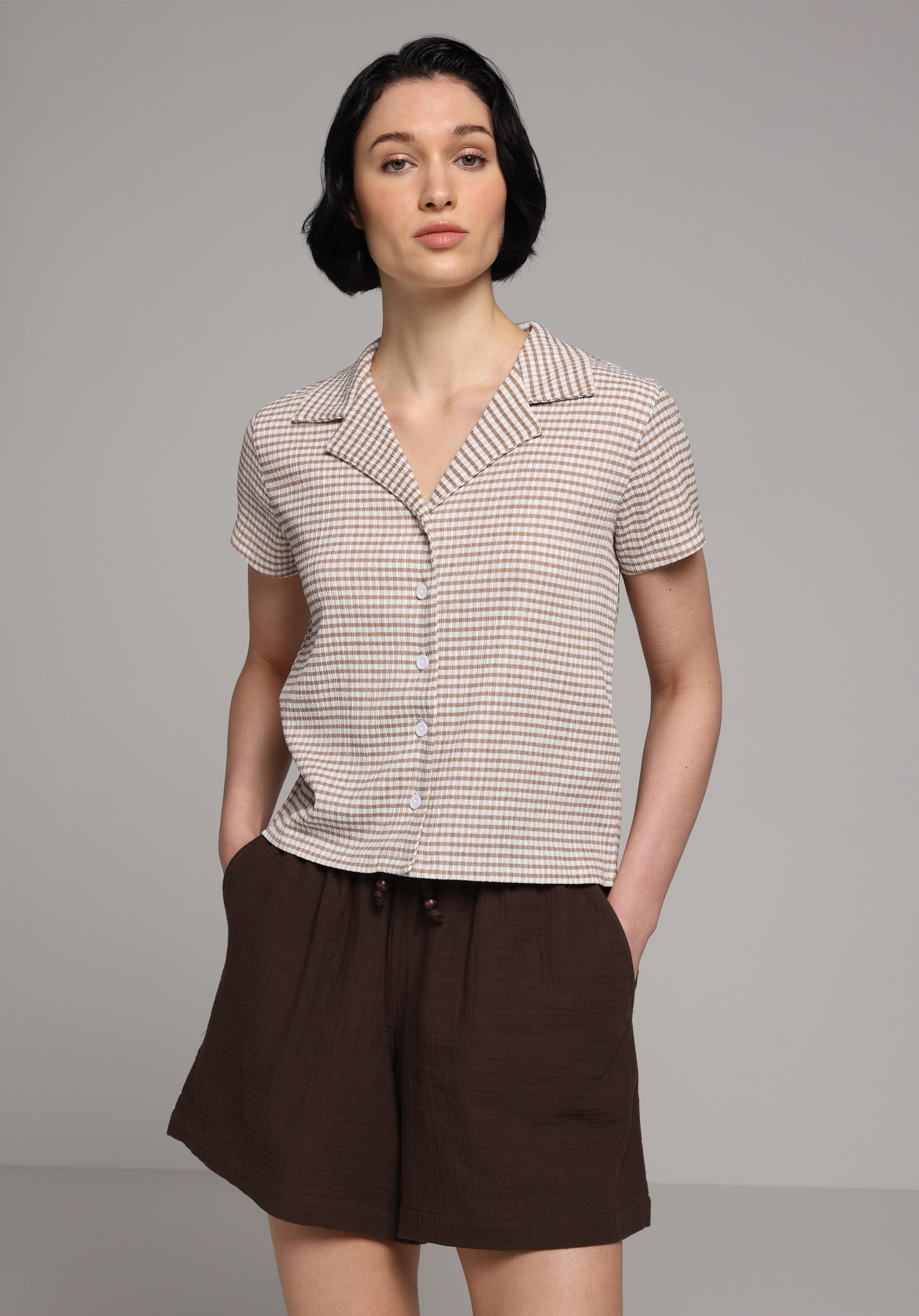 Regular Fit Yüksel Bel Düz Kadın Kahverengi Şort