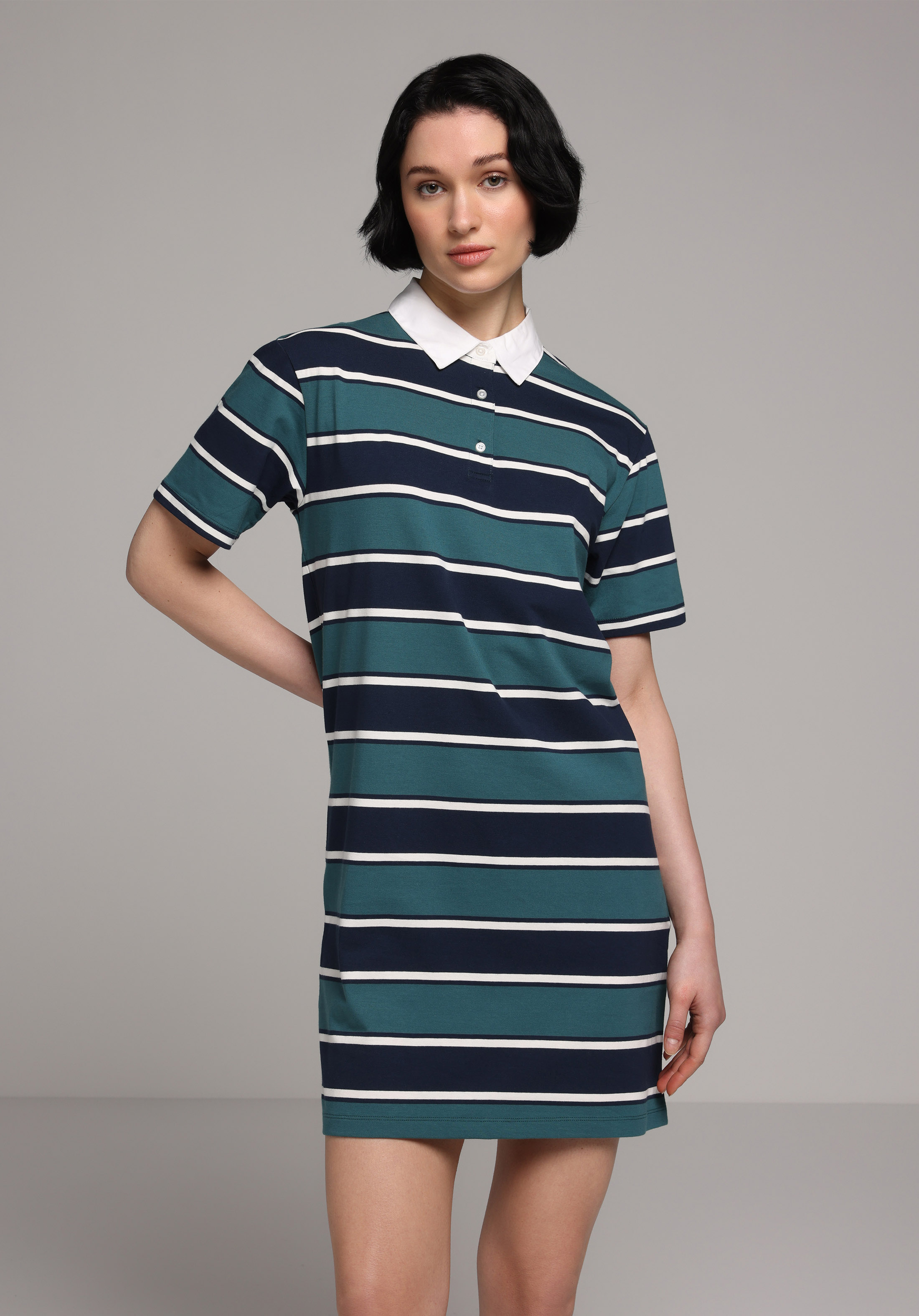 Regular Fit Çizgili Kadın Çok Renkli Kısa Kol Elbise