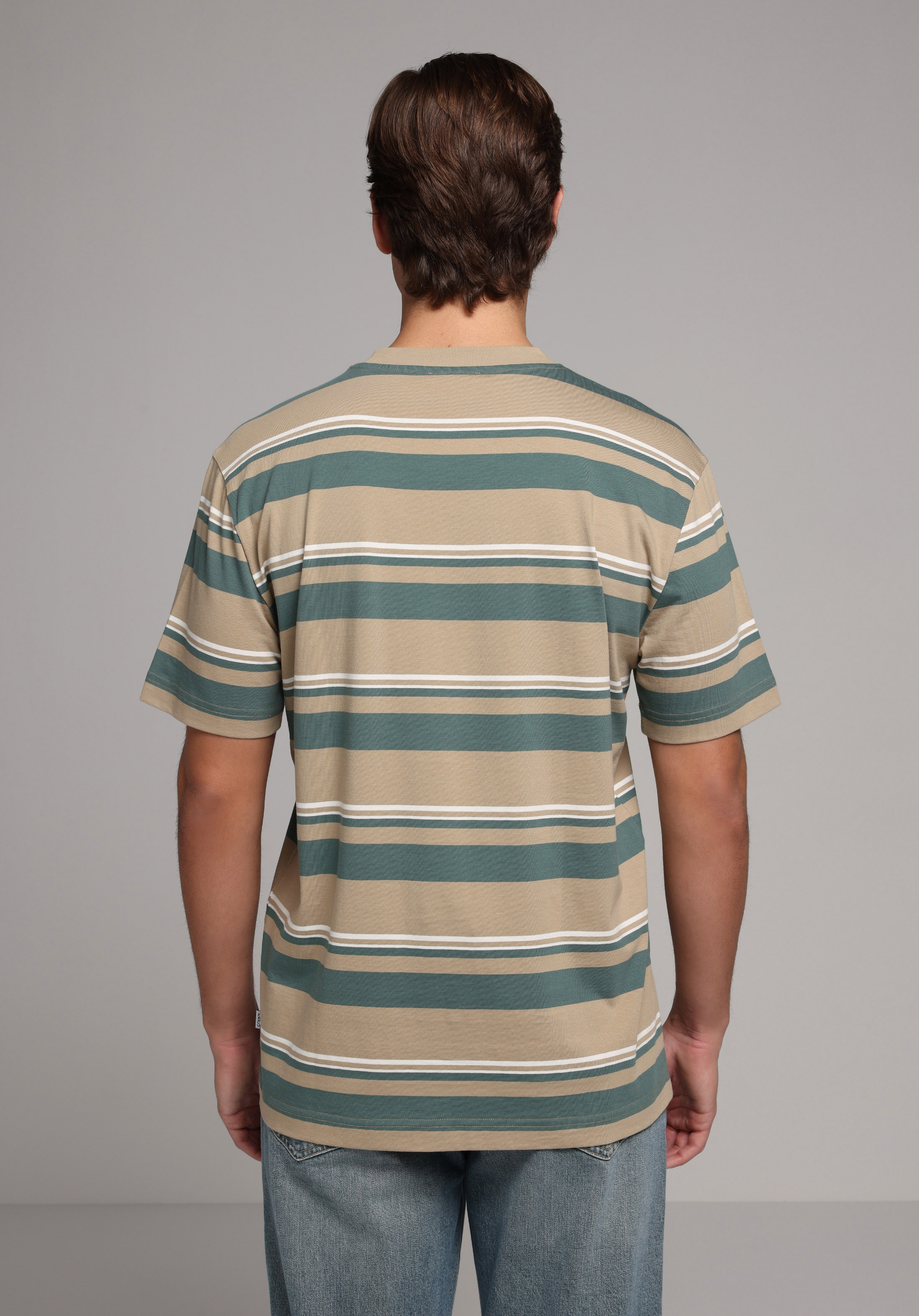 Comfort Fit Yuvarlak Yaka Çizgili Erkek Bej Kısa Kol Tişört