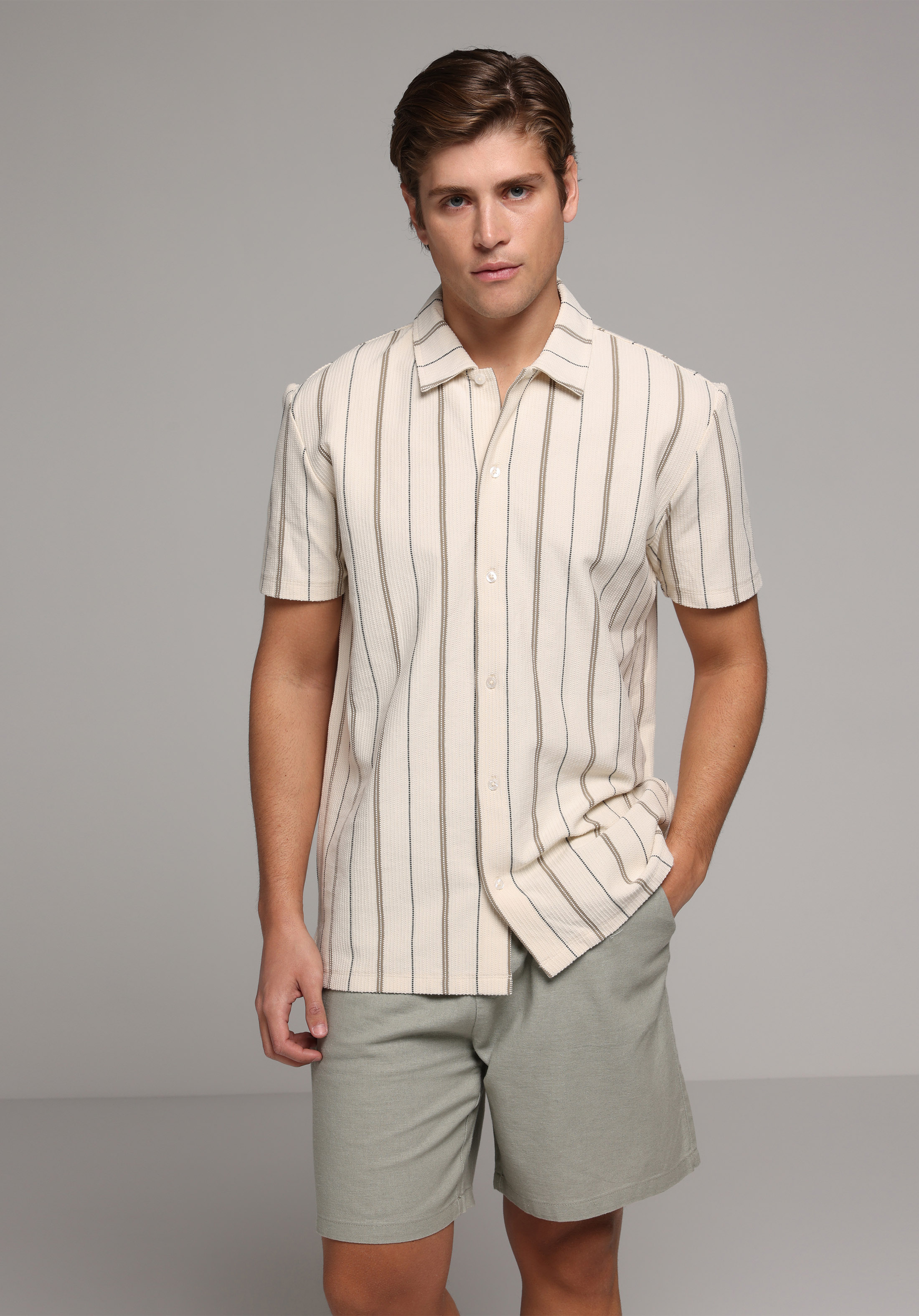 Regular Fit Polo Yaka Çizgili Erkek Ekru Kısa Kol Tişört