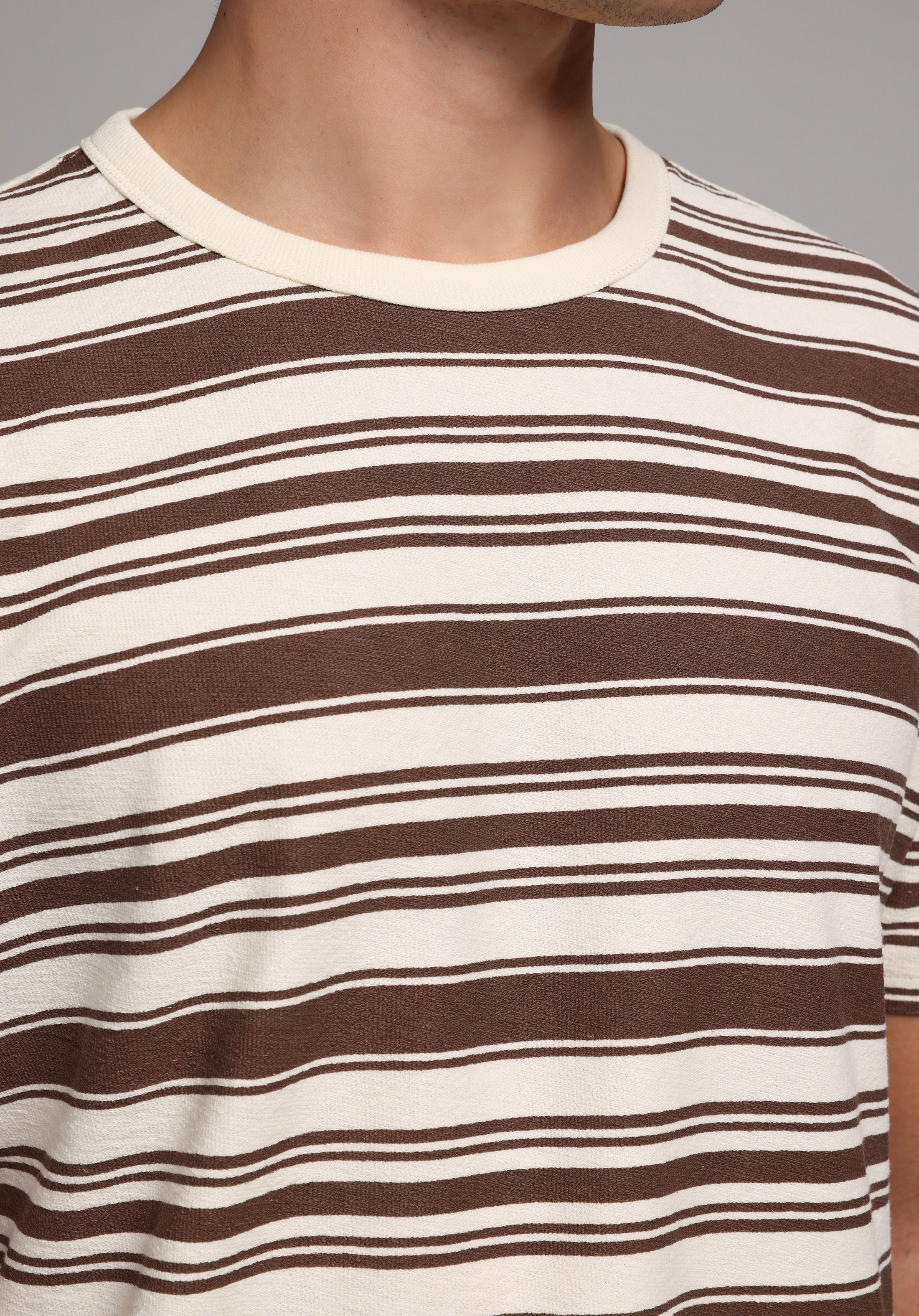 Regular Fit Yuvarlak Yaka Çizgili Erkek Kahverengi Kısa Kol Tişört