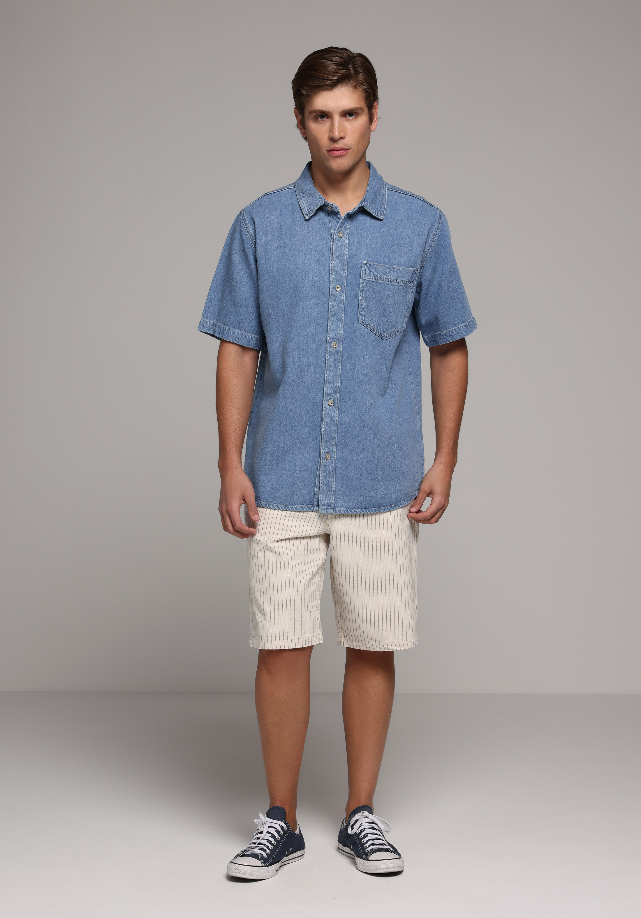 Loose  Orta Bel Düz Erkek Stripe Denim Jean Şort