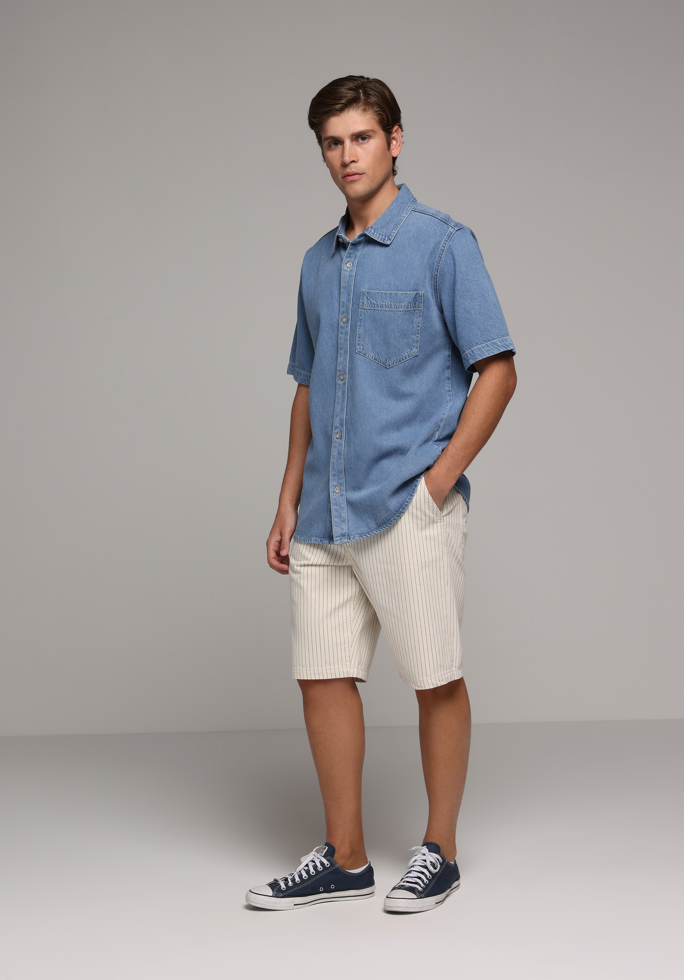 Loose  Orta Bel Düz Erkek Stripe Denim Jean Şort