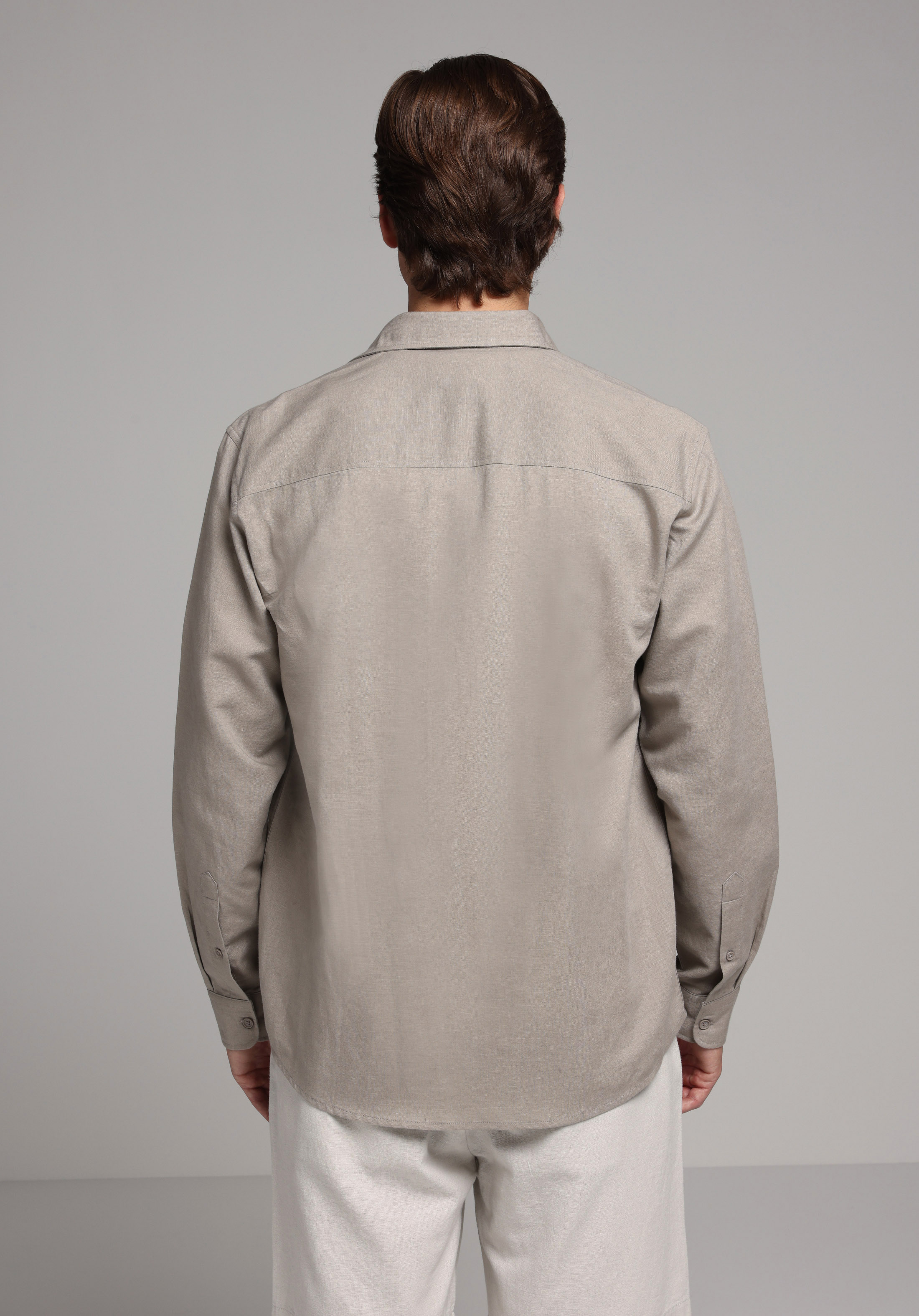 Regular Fit Shirt Neck Düz Erkek Kahverengi Uzun Kol Gömlek