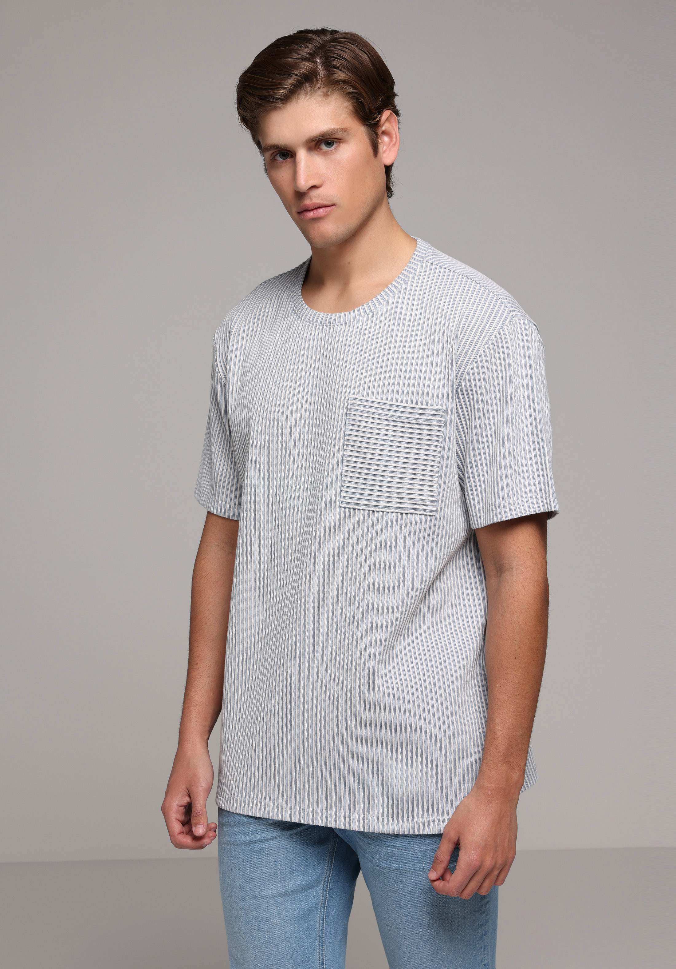 Comfort Fit Yuvarlak Yaka Düz Erkek Mavi Kısa Kol Tişört