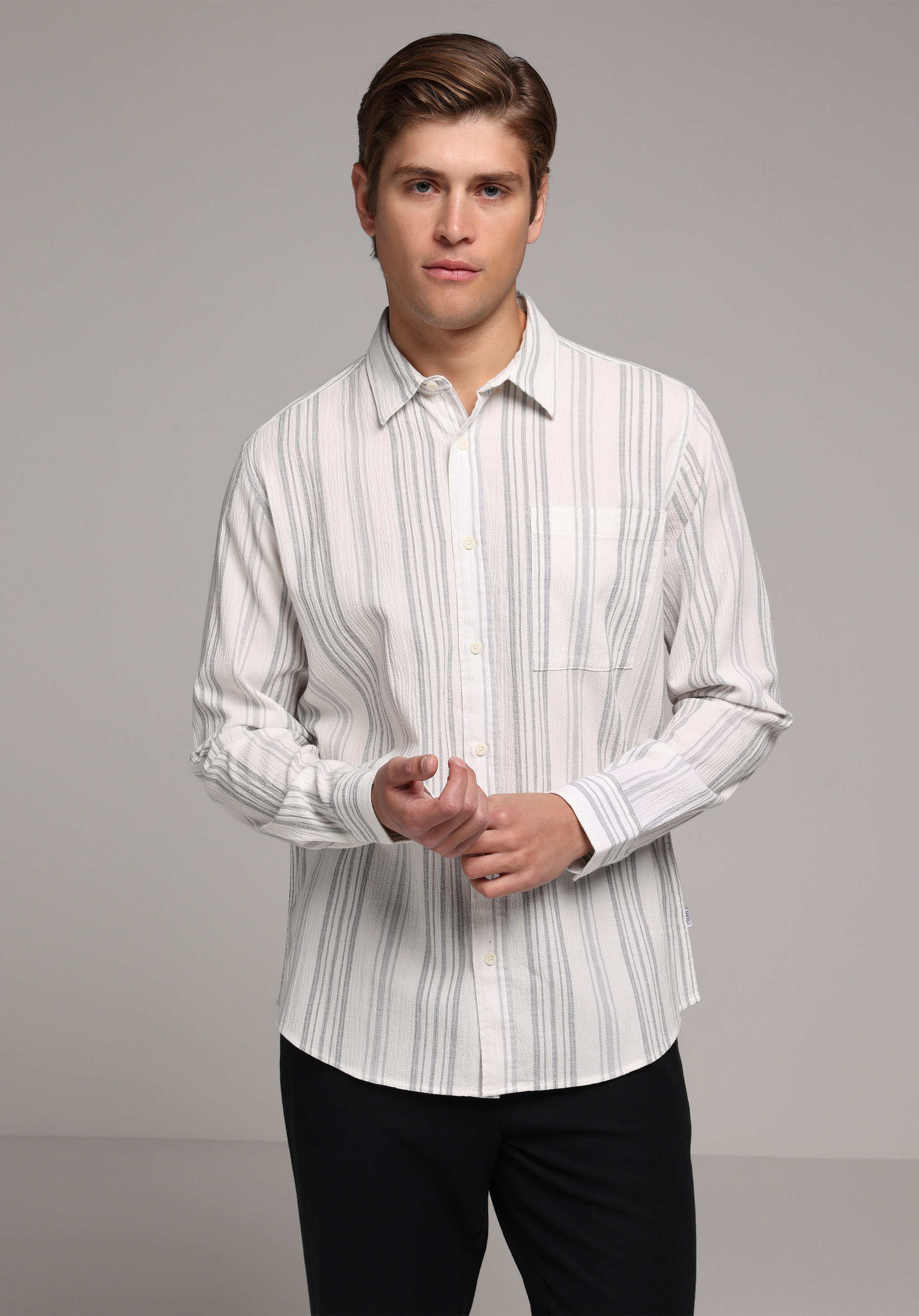 Regular Fit Shirt Neck Çizgili Erkek Antrasit Uzun Kol Gömlek