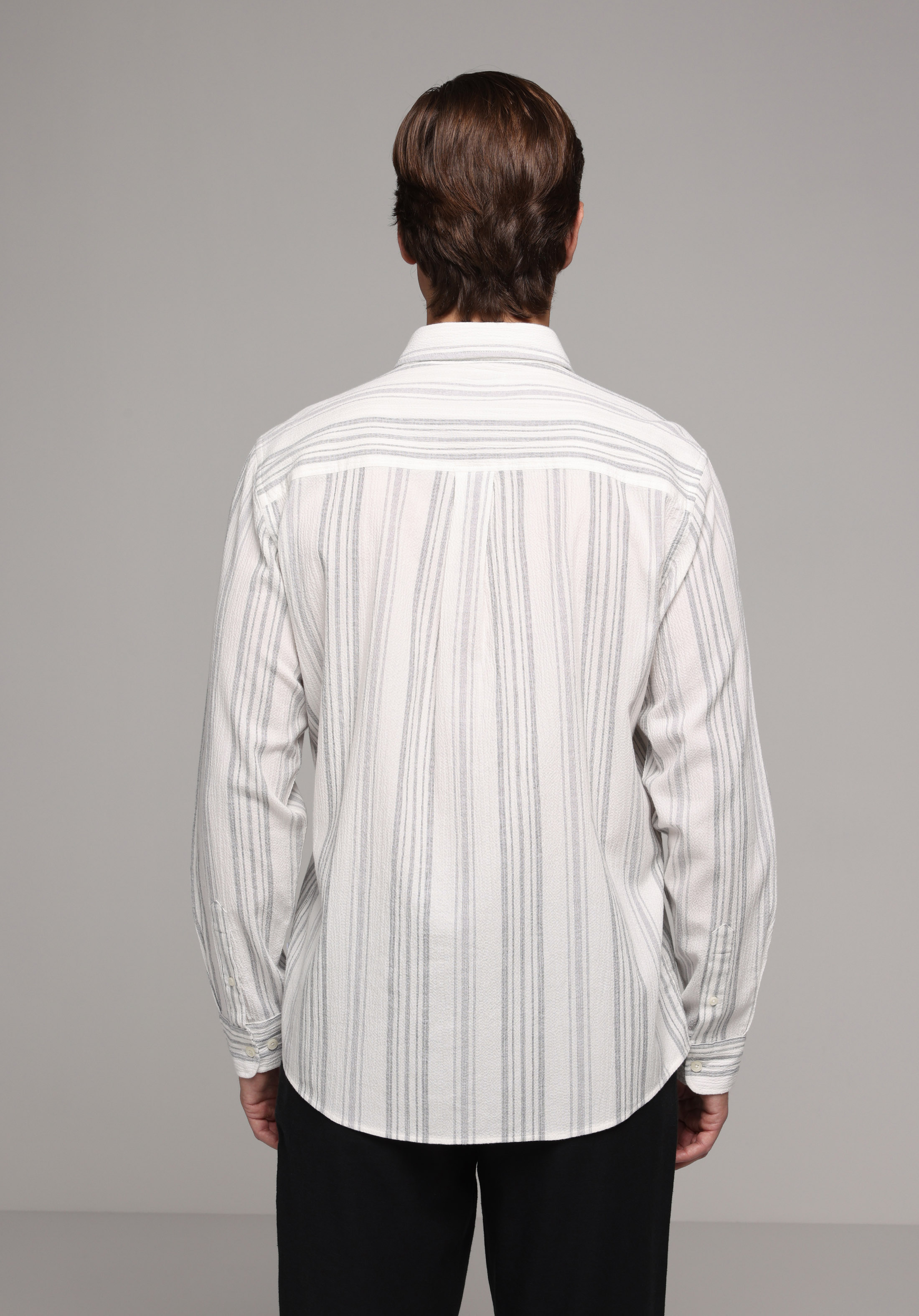 Regular Fit Shirt Neck Çizgili Erkek Antrasit Uzun Kol Gömlek