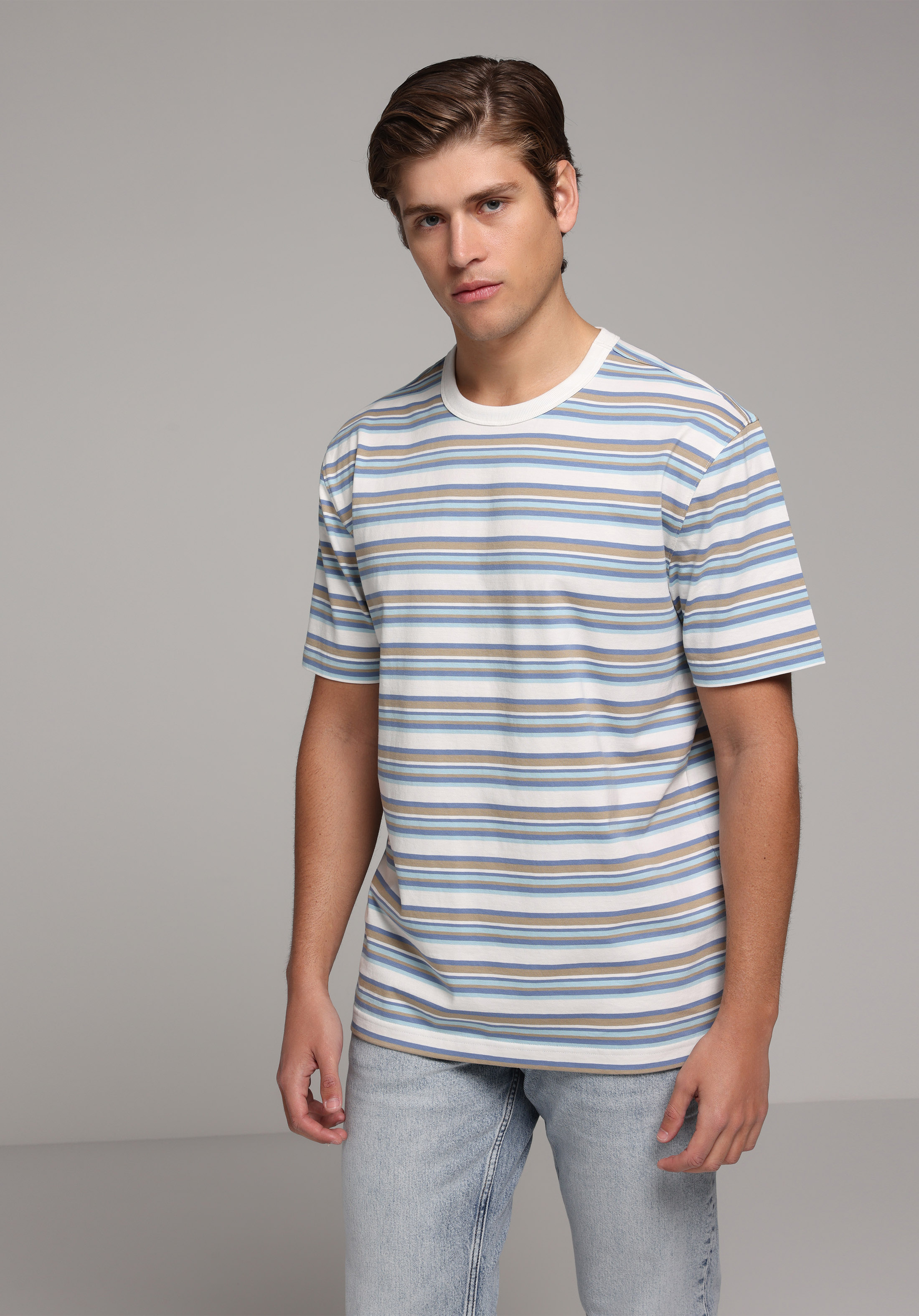 Comfort Fit Yuvarlak Yaka Çizgili Erkek Beyaz Kısa Kol Tişört