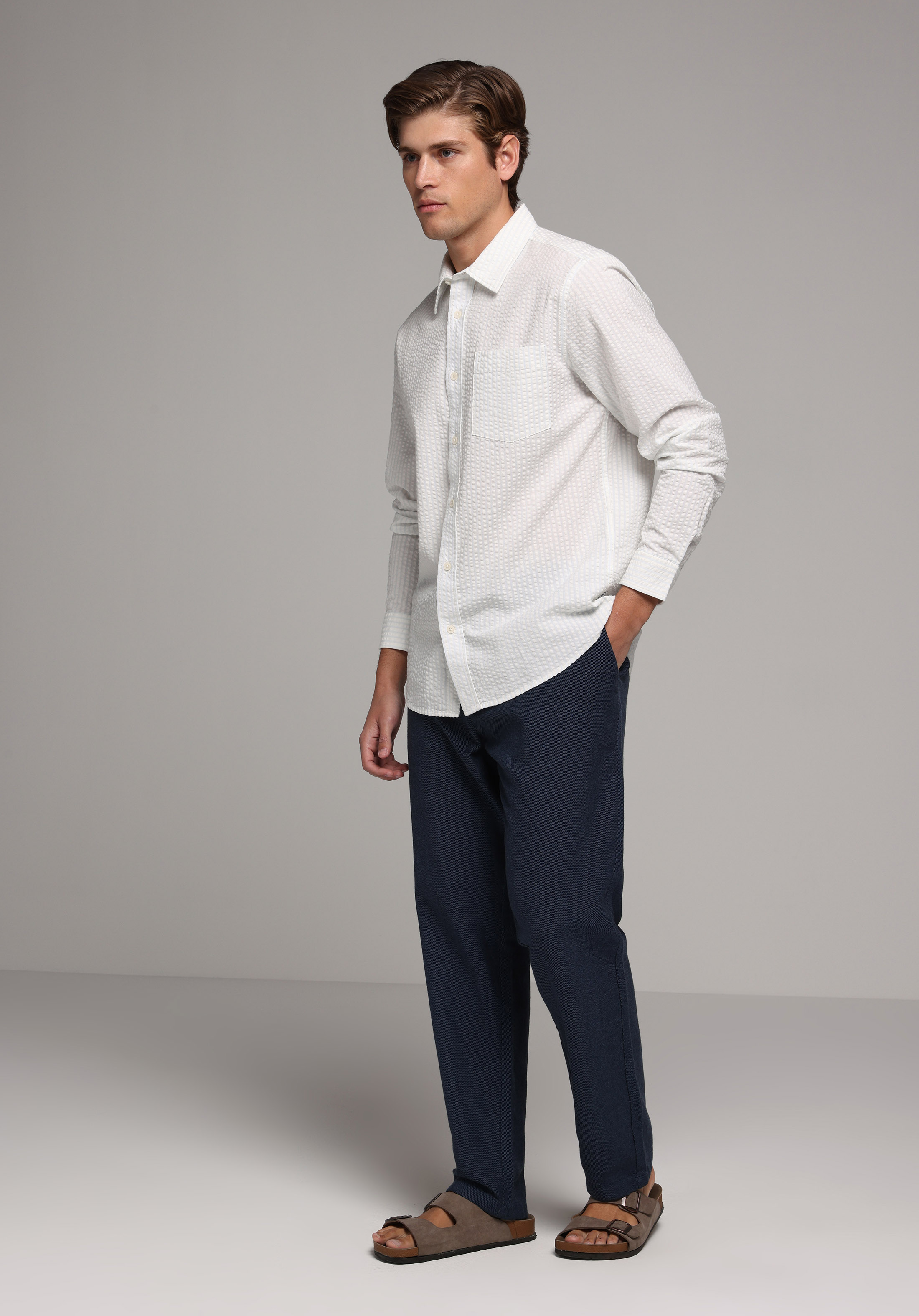 Regular Fit Shirt Neck Düz Erkek Beyaz Uzun Kol Gömlek