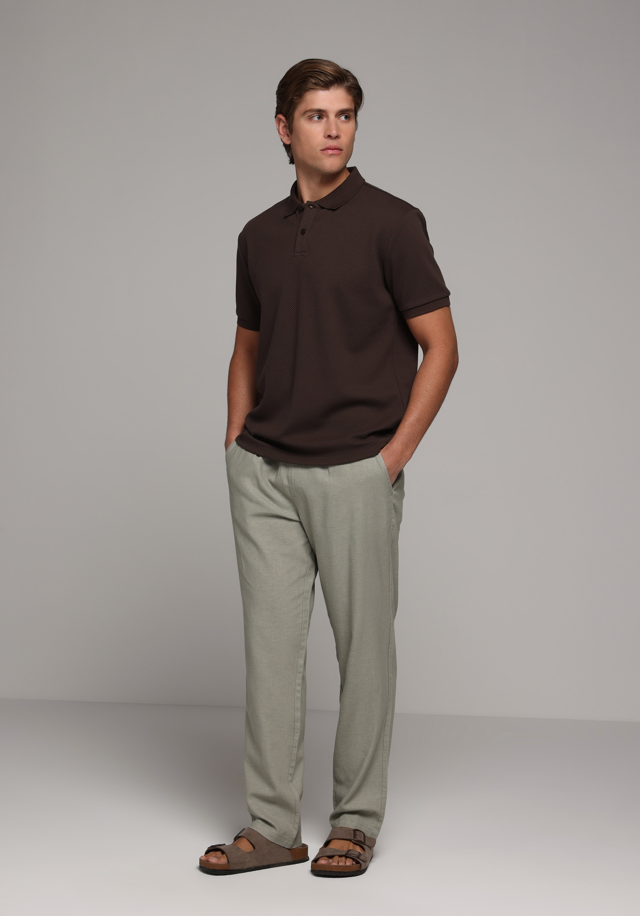 Regular Fit Orta Bel Düz Paça Erkek Yeşil  Pantolon