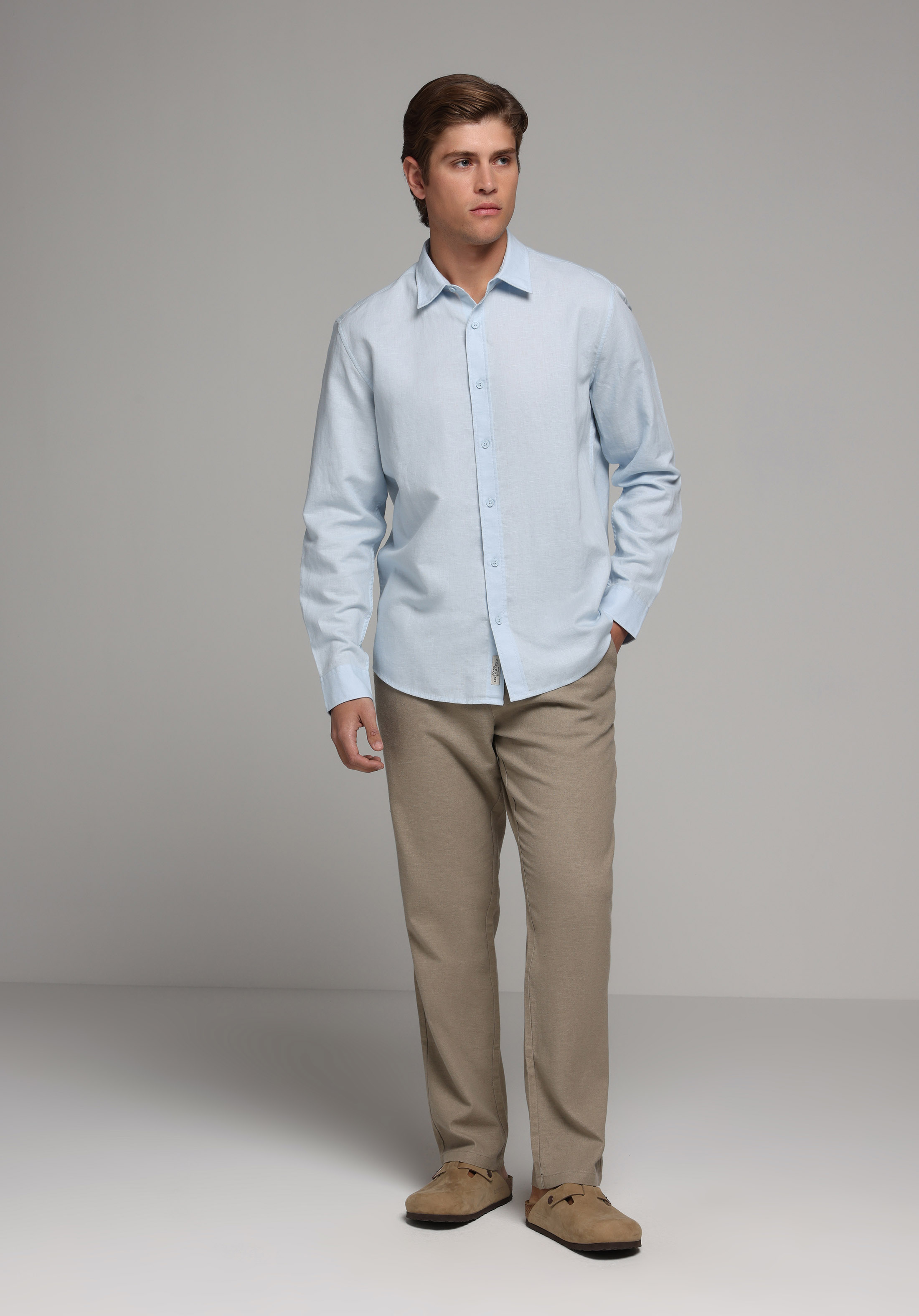 Regular Fit Shirt Neck Düz Erkek Mavi Uzun Kol Gömlek