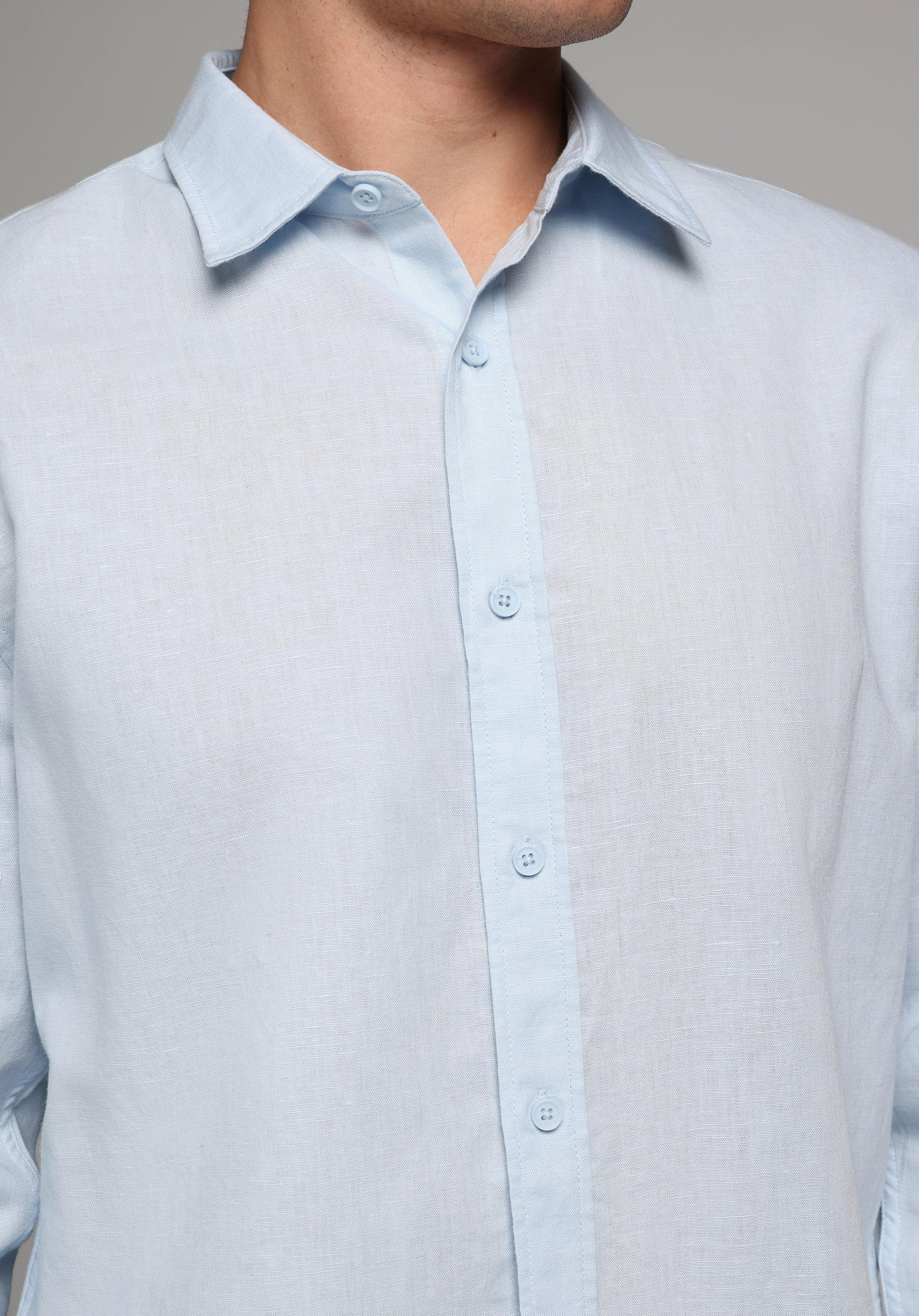 Regular Fit Shirt Neck Düz Erkek Mavi Uzun Kol Gömlek