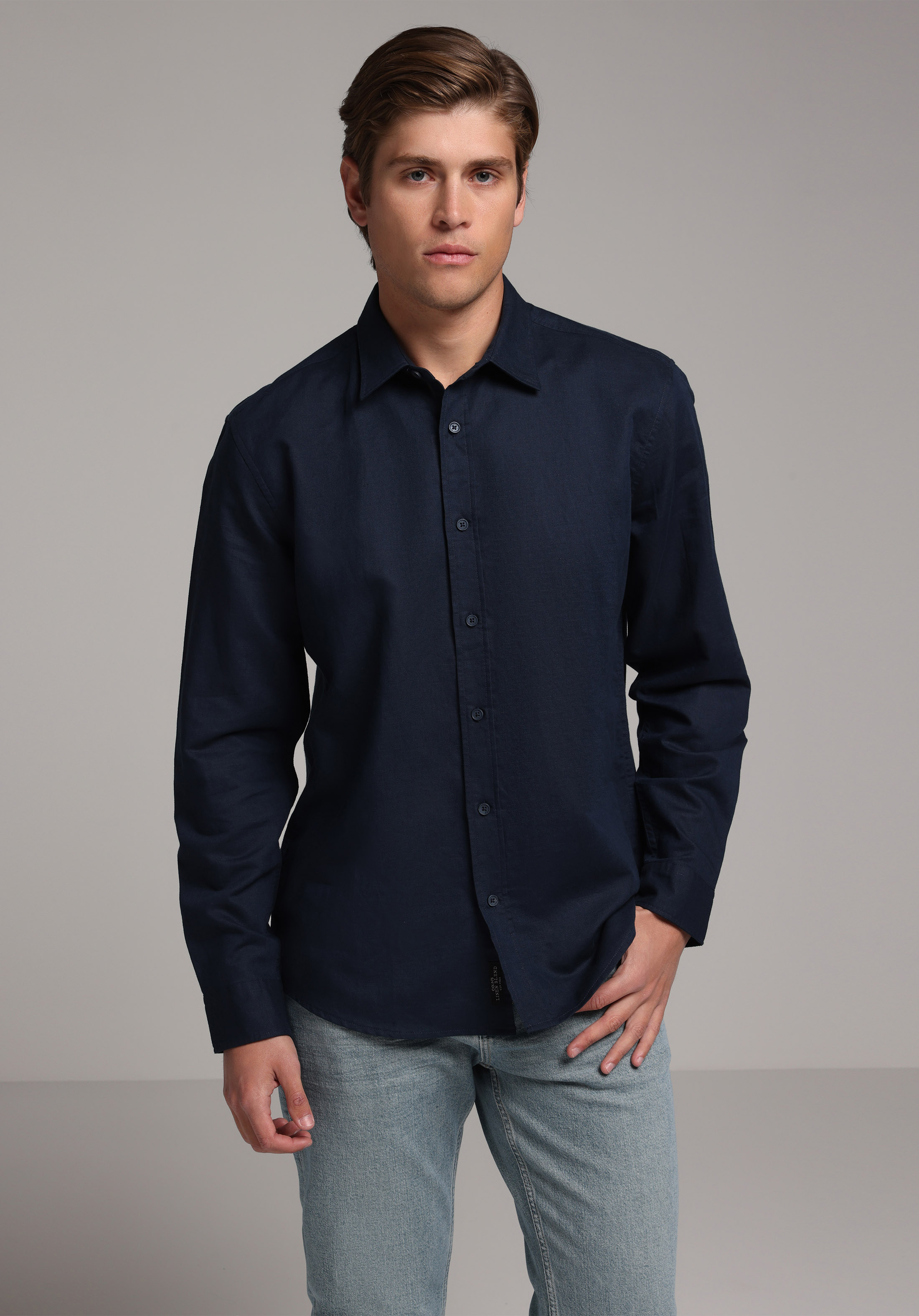 Regular Fit Shirt Neck Düz Erkek Lacivert Uzun Kol Gömlek