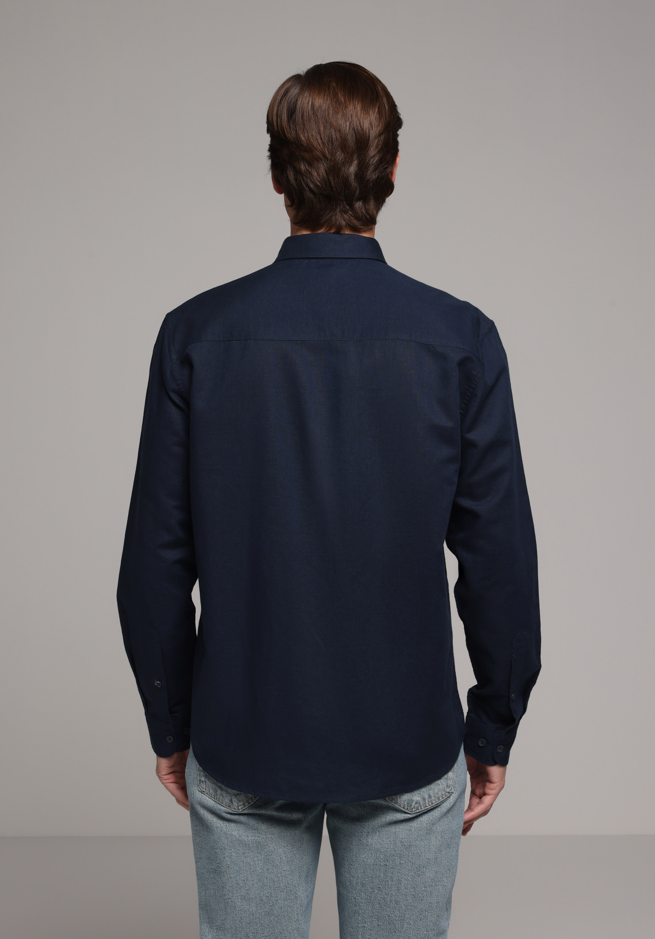 Regular Fit Shirt Neck Düz Erkek Lacivert Uzun Kol Gömlek