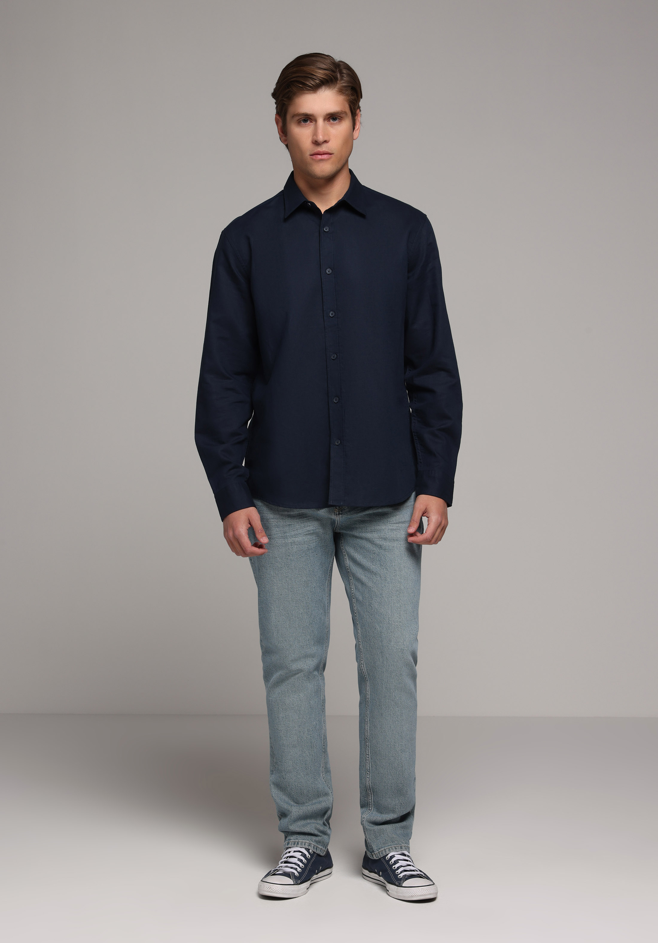 Regular Fit Shirt Neck Düz Erkek Lacivert Uzun Kol Gömlek