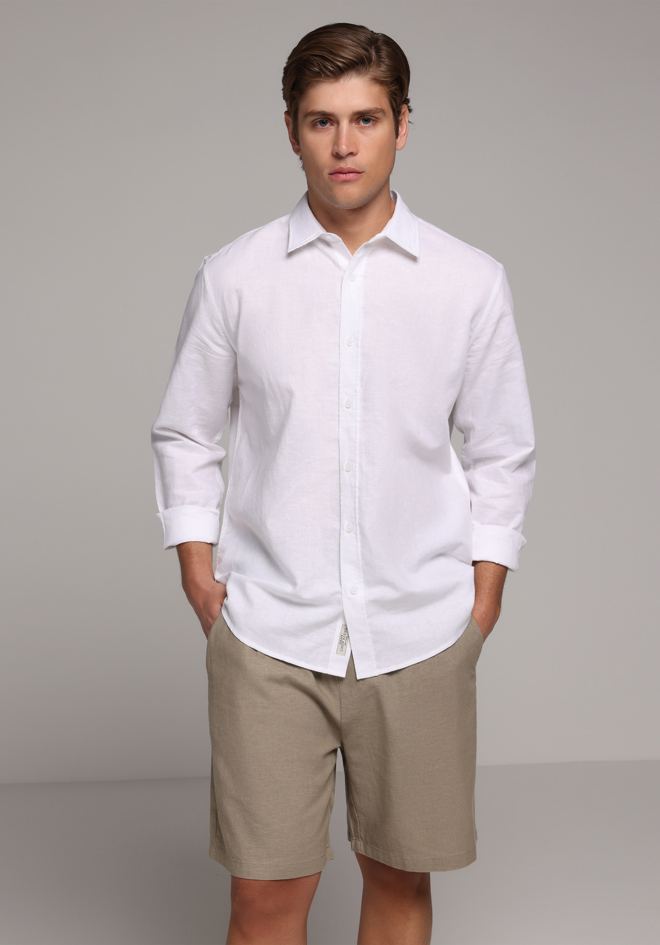 Regular Fit Shirt Neck Düz Erkek Beyaz Uzun Kol Gömlek