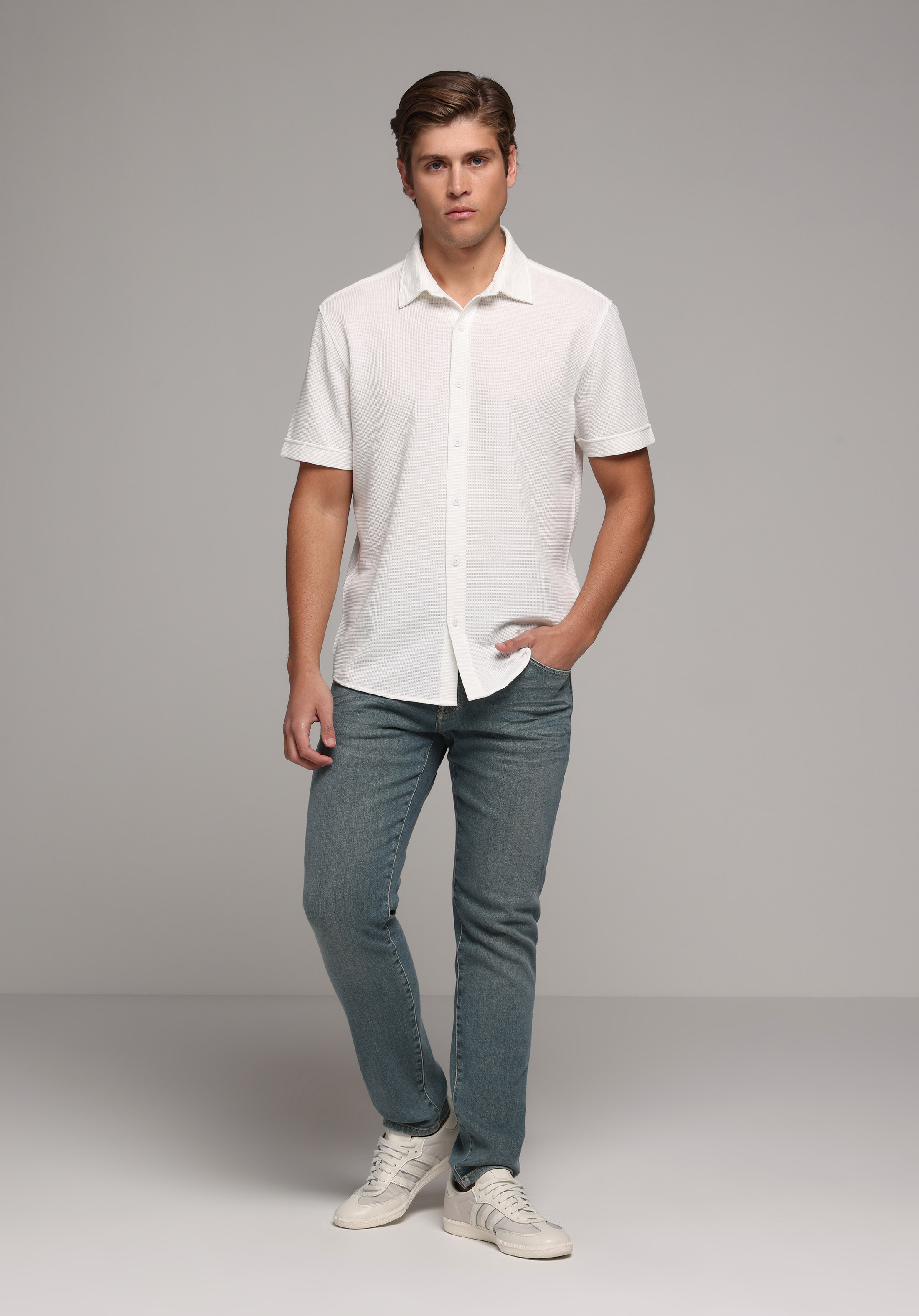 Regular Fit Shirt Neck Düz Erkek Beyaz Uzun Kol Gömlek