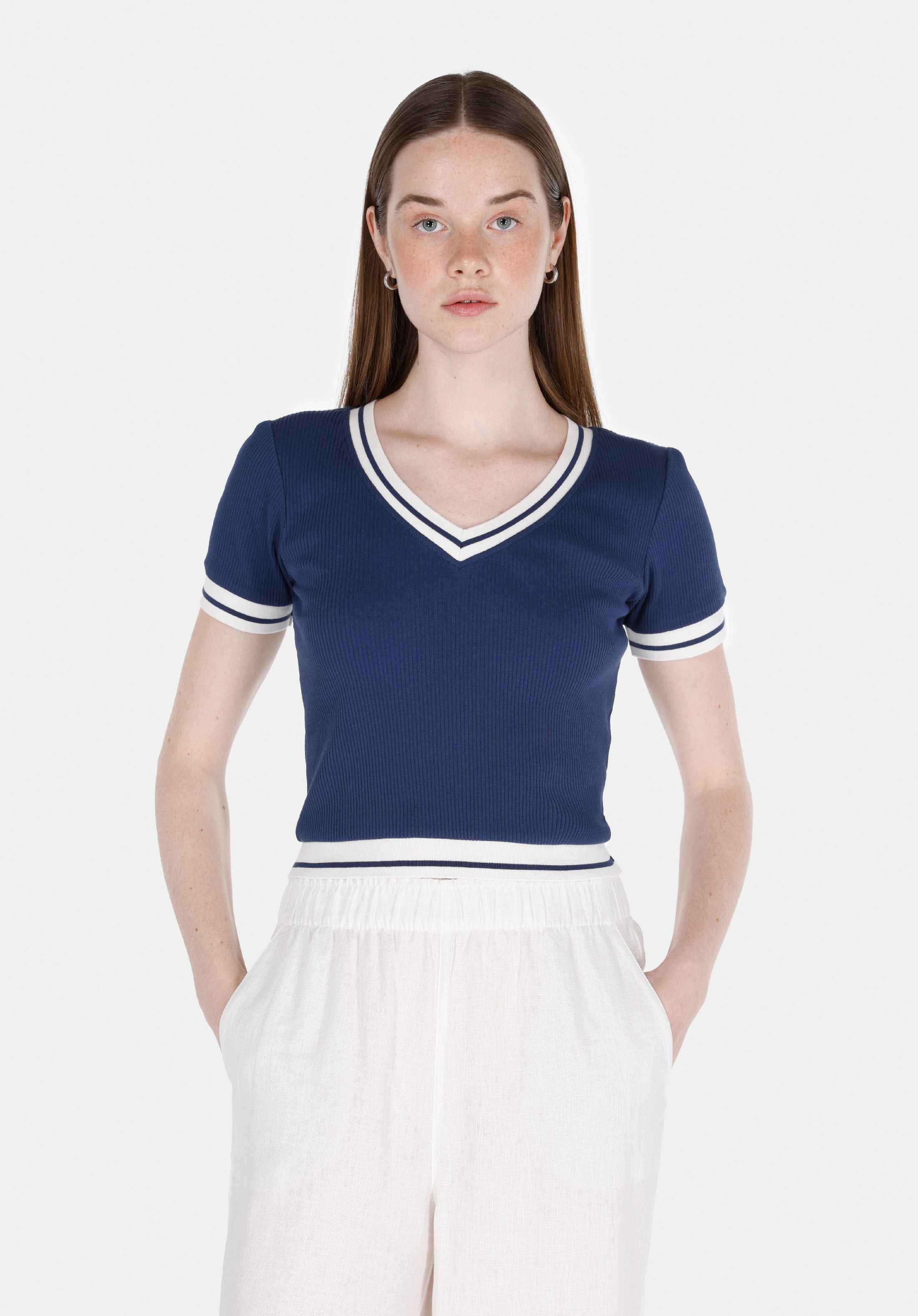 Slim Fit V Yaka Düz Kadın Lacivert Kısa Kol Tişört