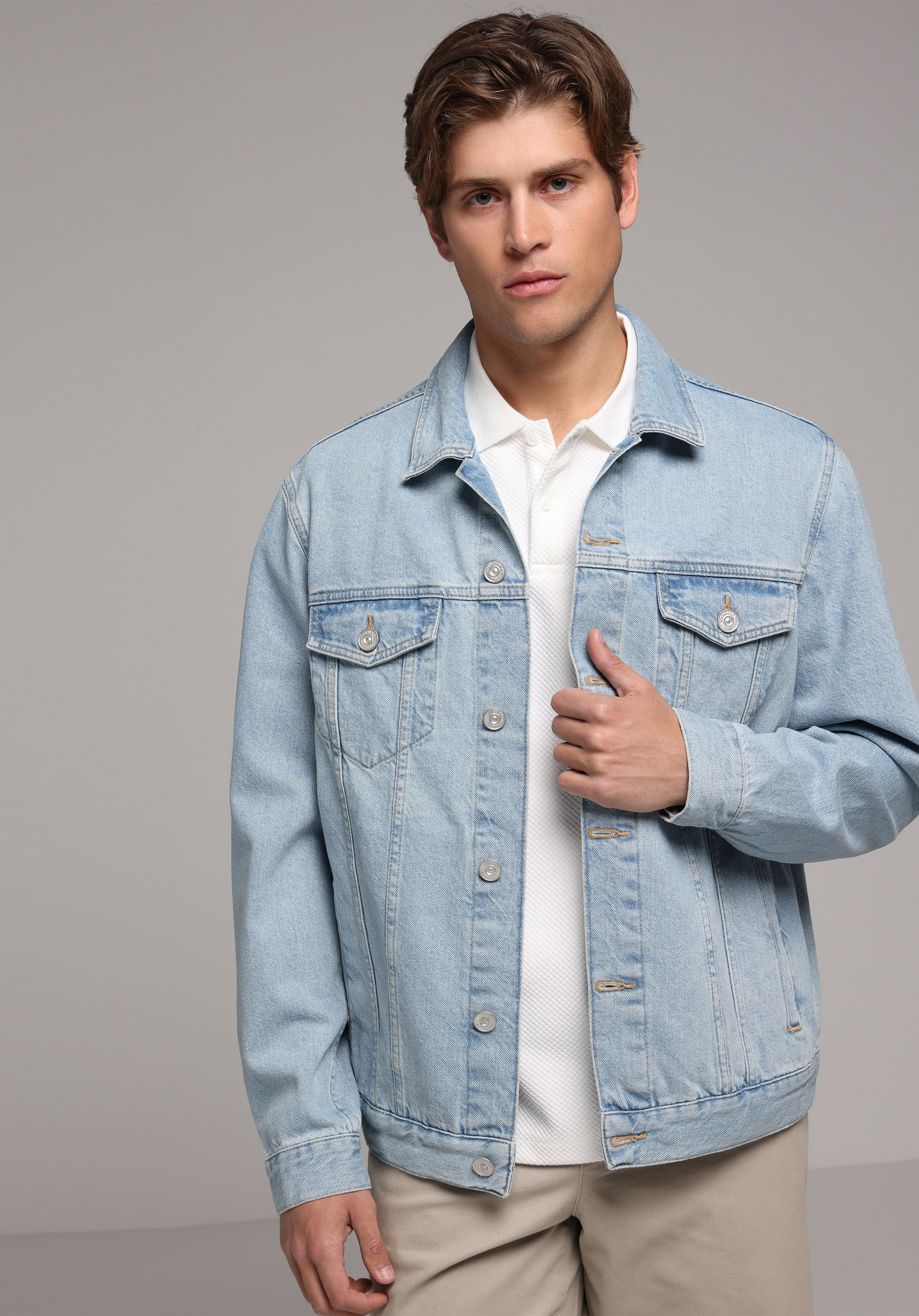 Regular Fit Düğmeli Astarsız  Erkek Light İndigo Denim Ceket