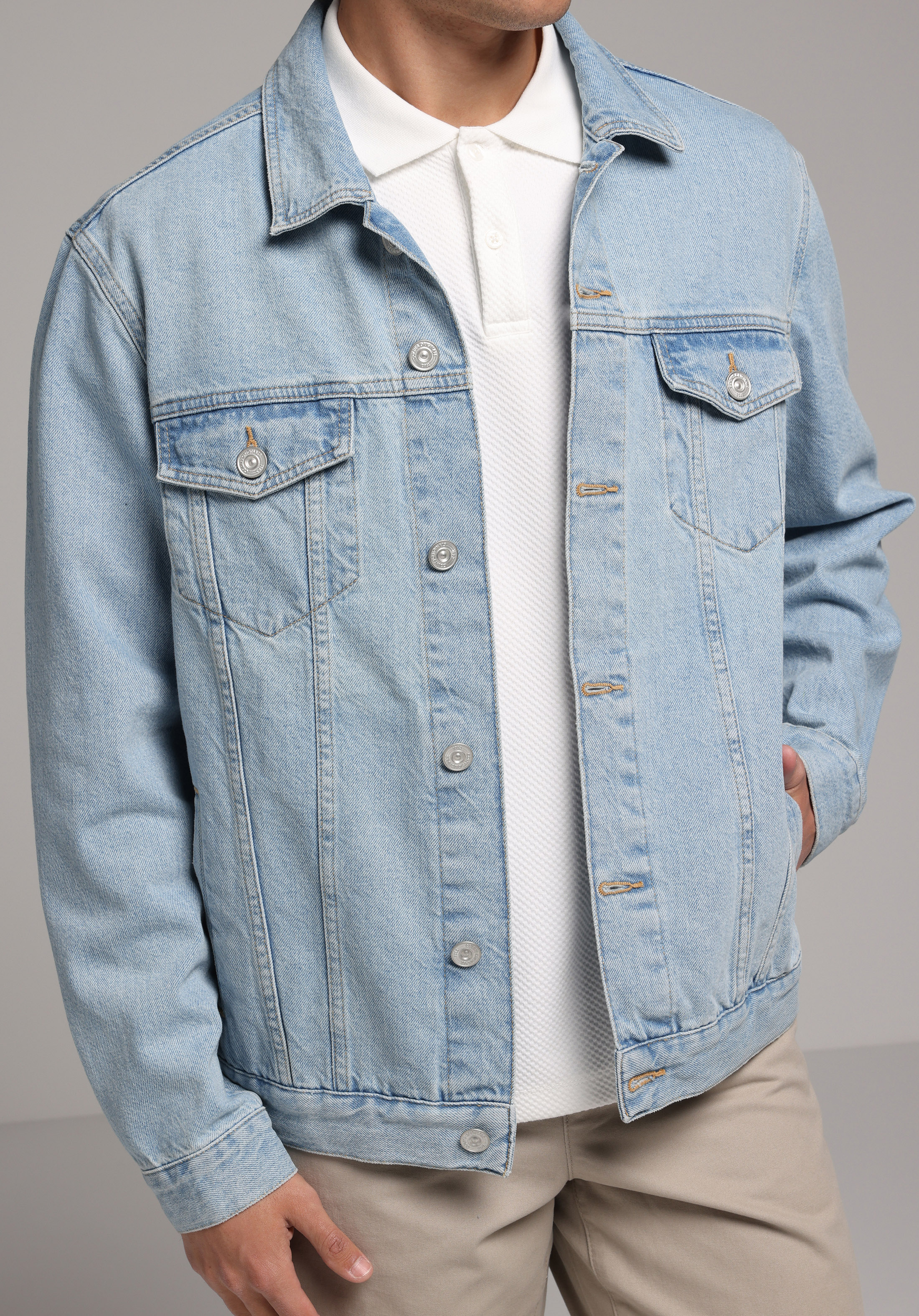 Regular Fit Düğmeli Astarsız  Erkek Light İndigo Denim Ceket