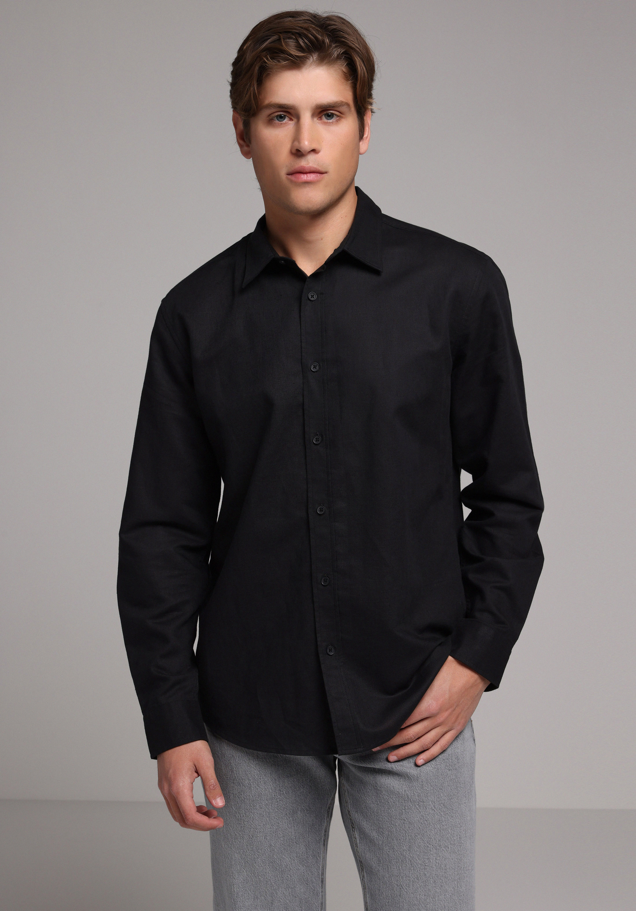 Regular Fit Shirt Neck Düz Erkek Siyah Uzun Kol Gömlek