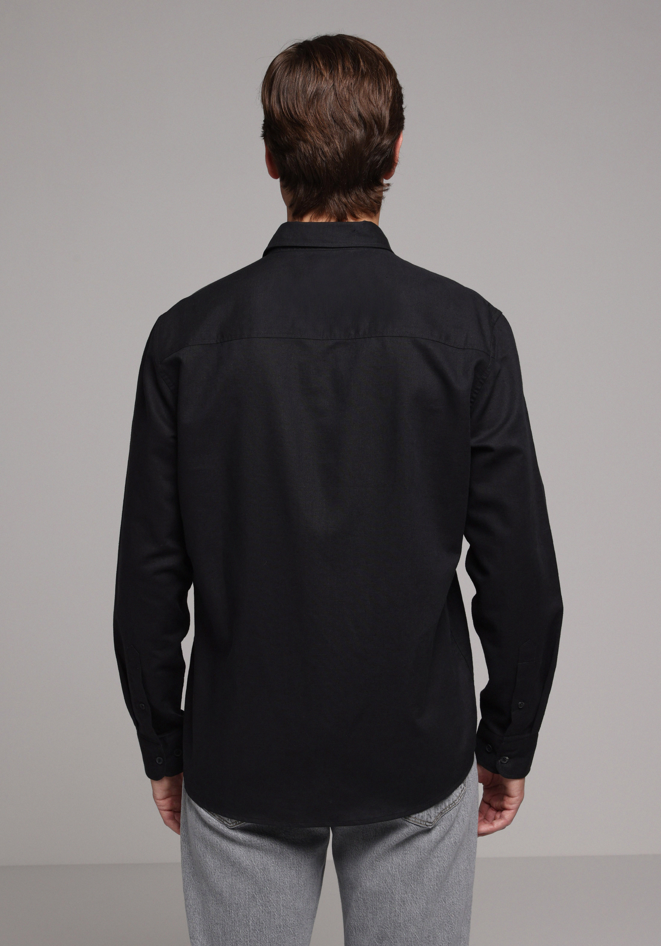 Regular Fit Shirt Neck Düz Erkek Siyah Uzun Kol Gömlek