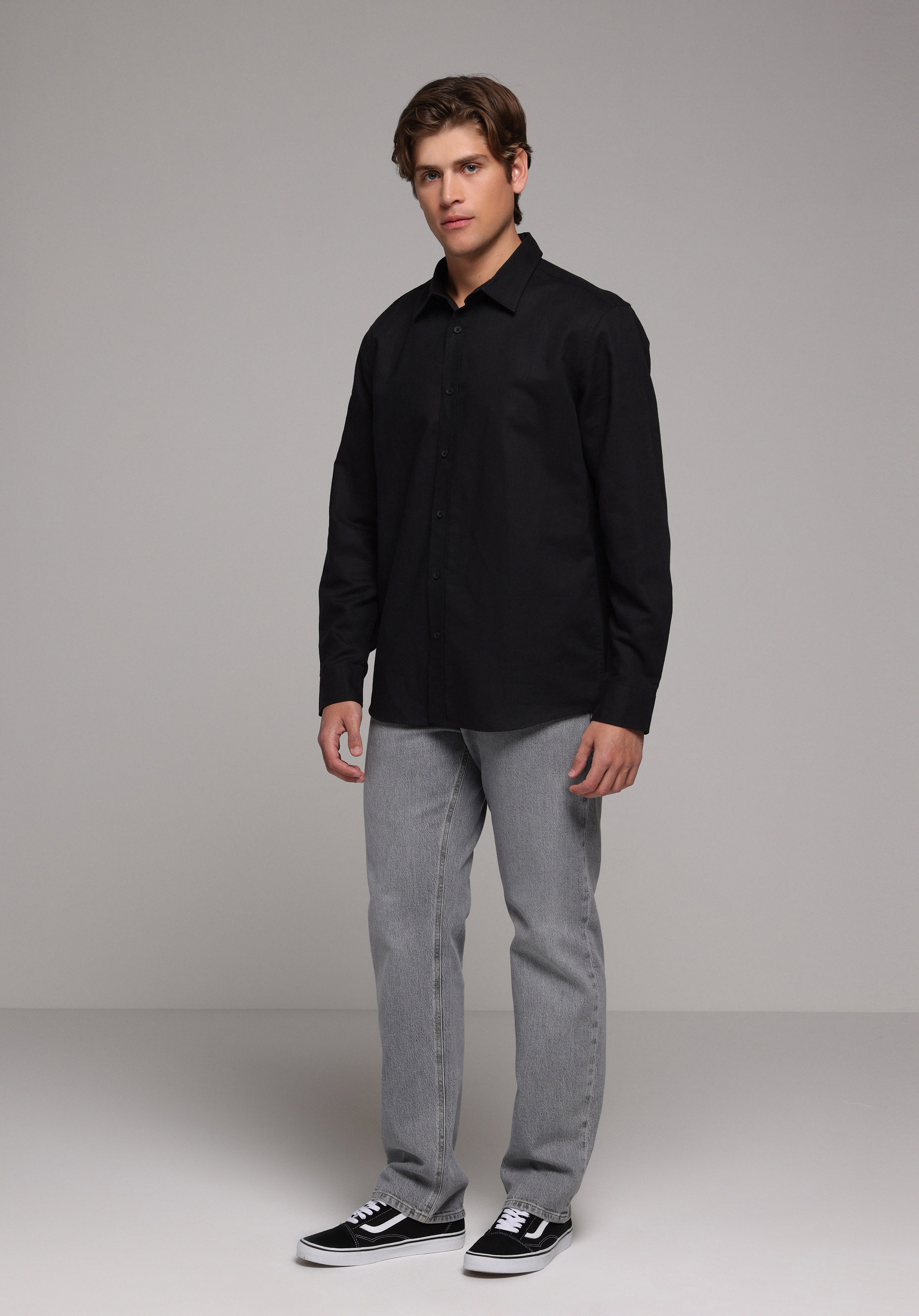 Regular Fit Shirt Neck Düz Erkek Siyah Uzun Kol Gömlek