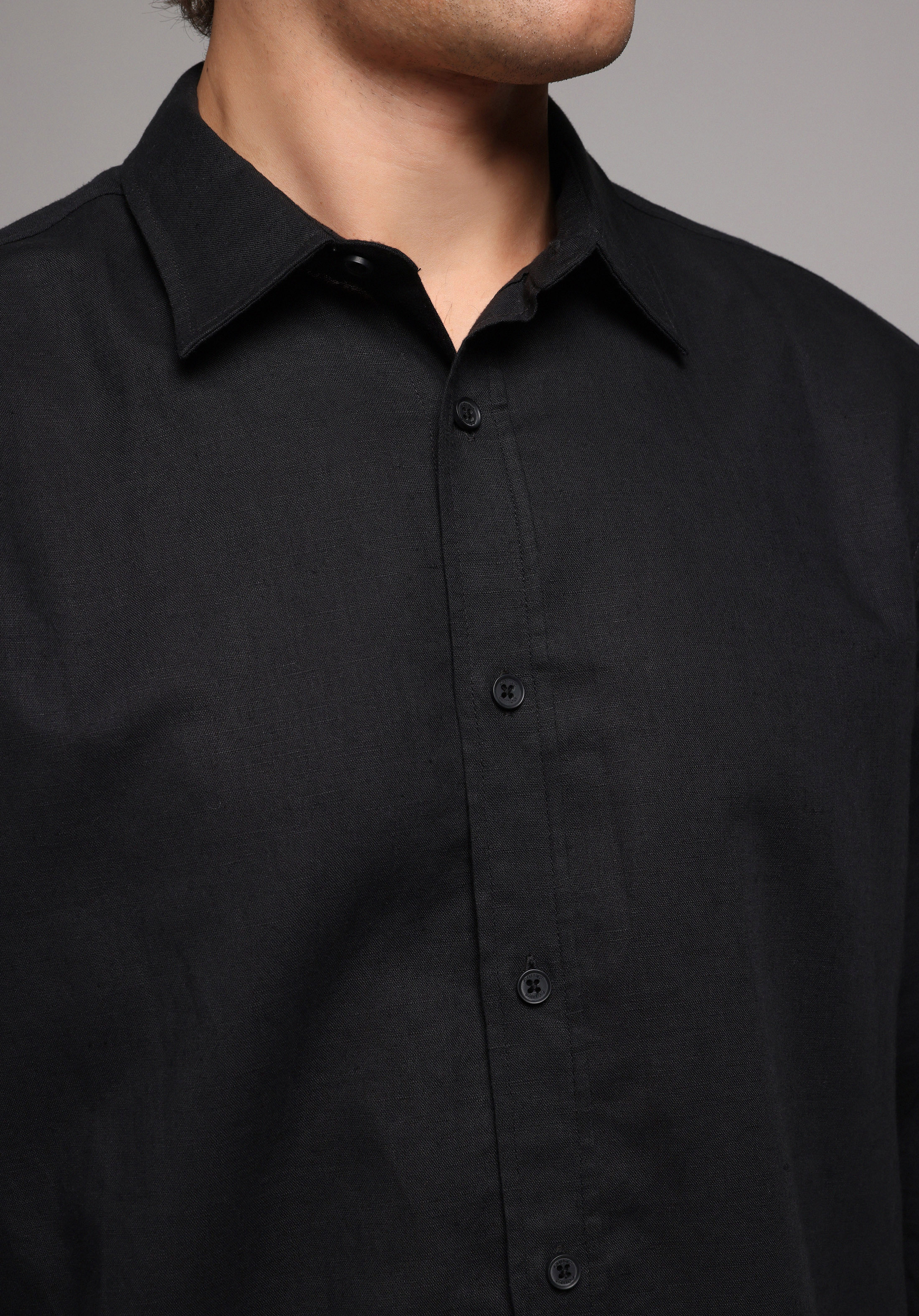 Regular Fit Shirt Neck Düz Erkek Siyah Uzun Kol Gömlek