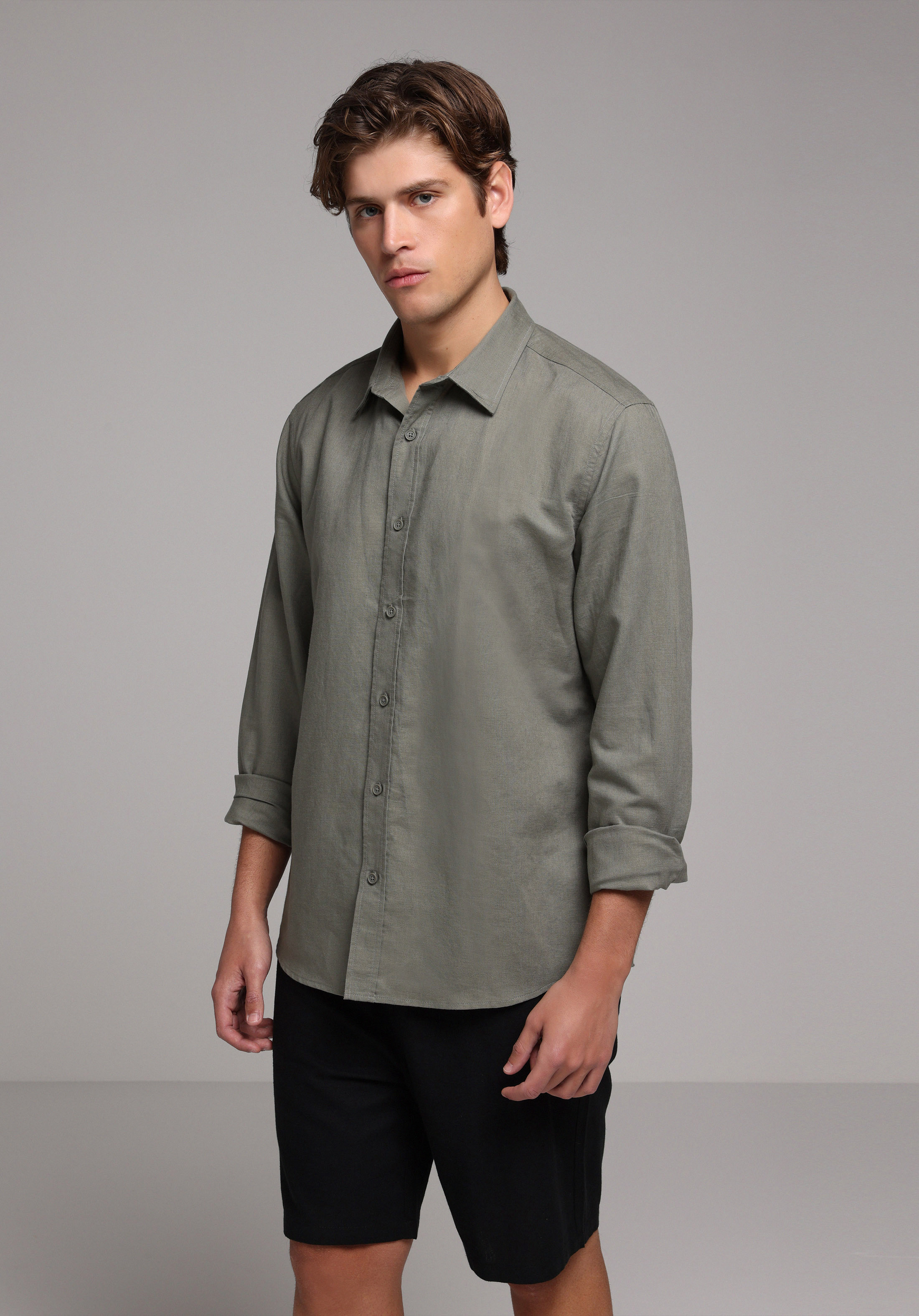 Regular Fit Shirt Neck Düz Erkek Yeşil Uzun Kol Gömlek