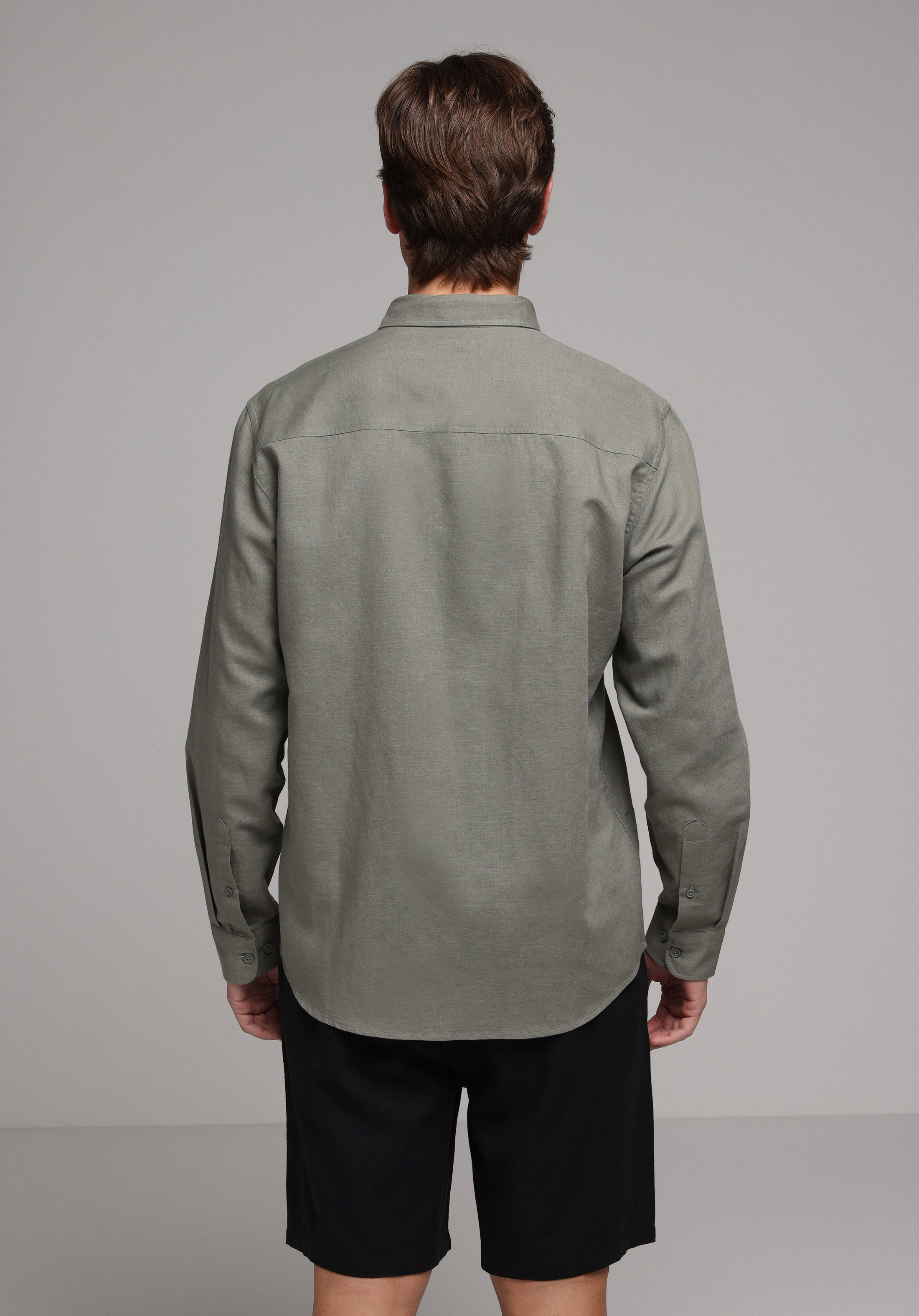 Regular Fit Shirt Neck Düz Erkek Yeşil Uzun Kol Gömlek