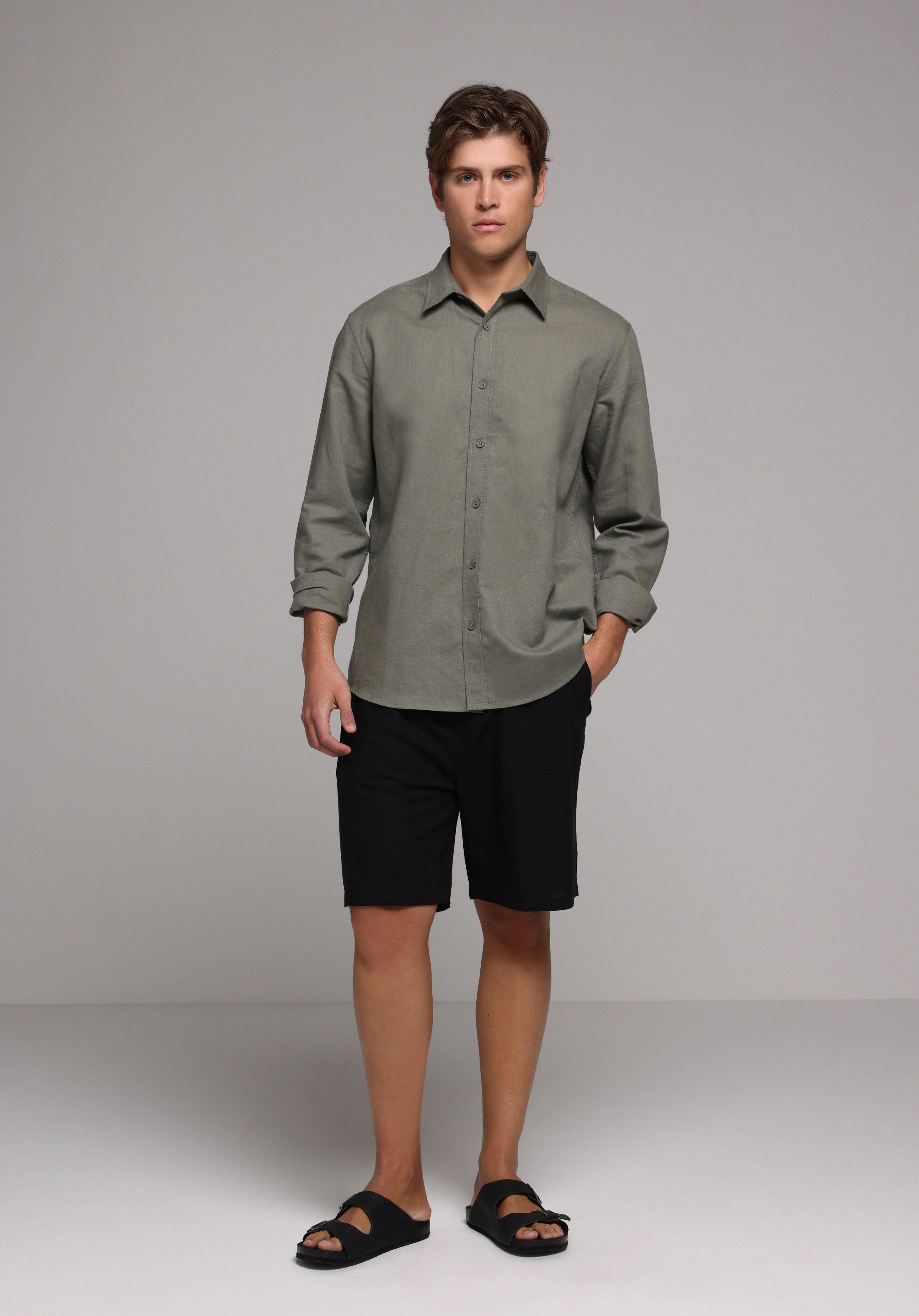 Regular Fit Shirt Neck Düz Erkek Yeşil Uzun Kol Gömlek