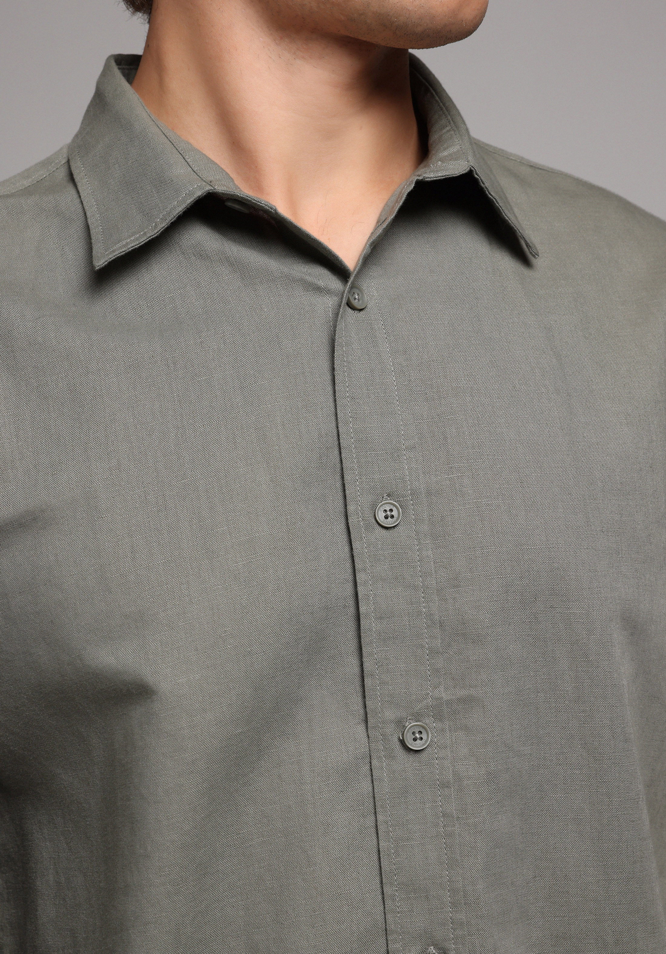 Regular Fit Shirt Neck Düz Erkek Yeşil Uzun Kol Gömlek