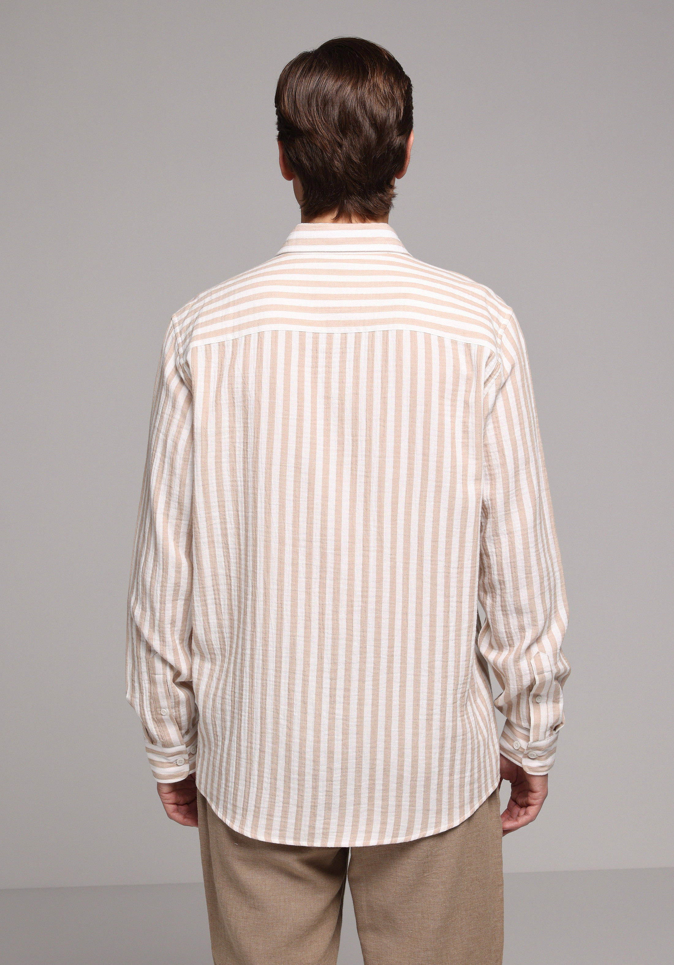 Relaxed Fit Shirt Neck Çizgili Erkek Bej Uzun Kol Gömlek