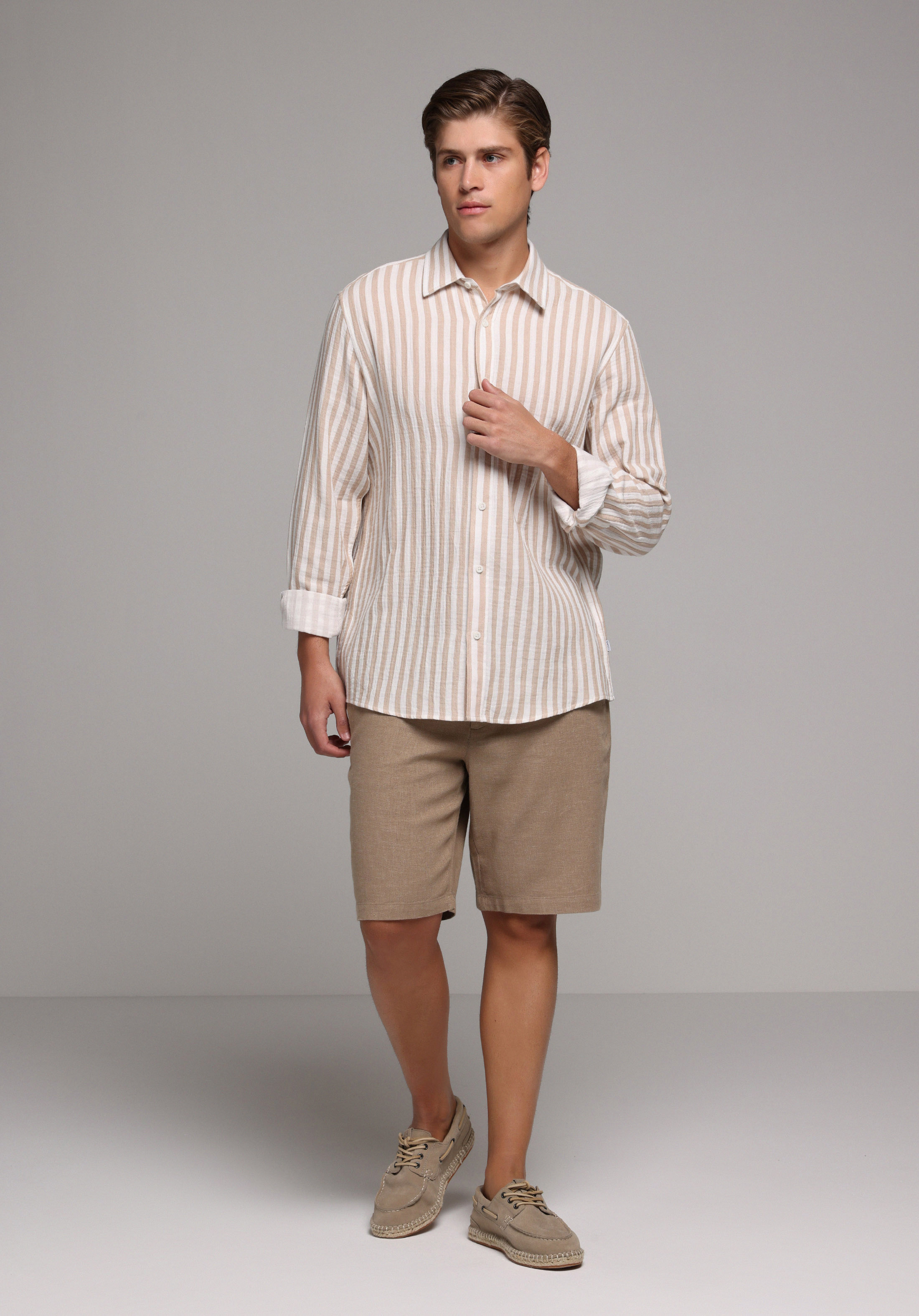 Relaxed Fit Shirt Neck Çizgili Erkek Bej Uzun Kol Gömlek