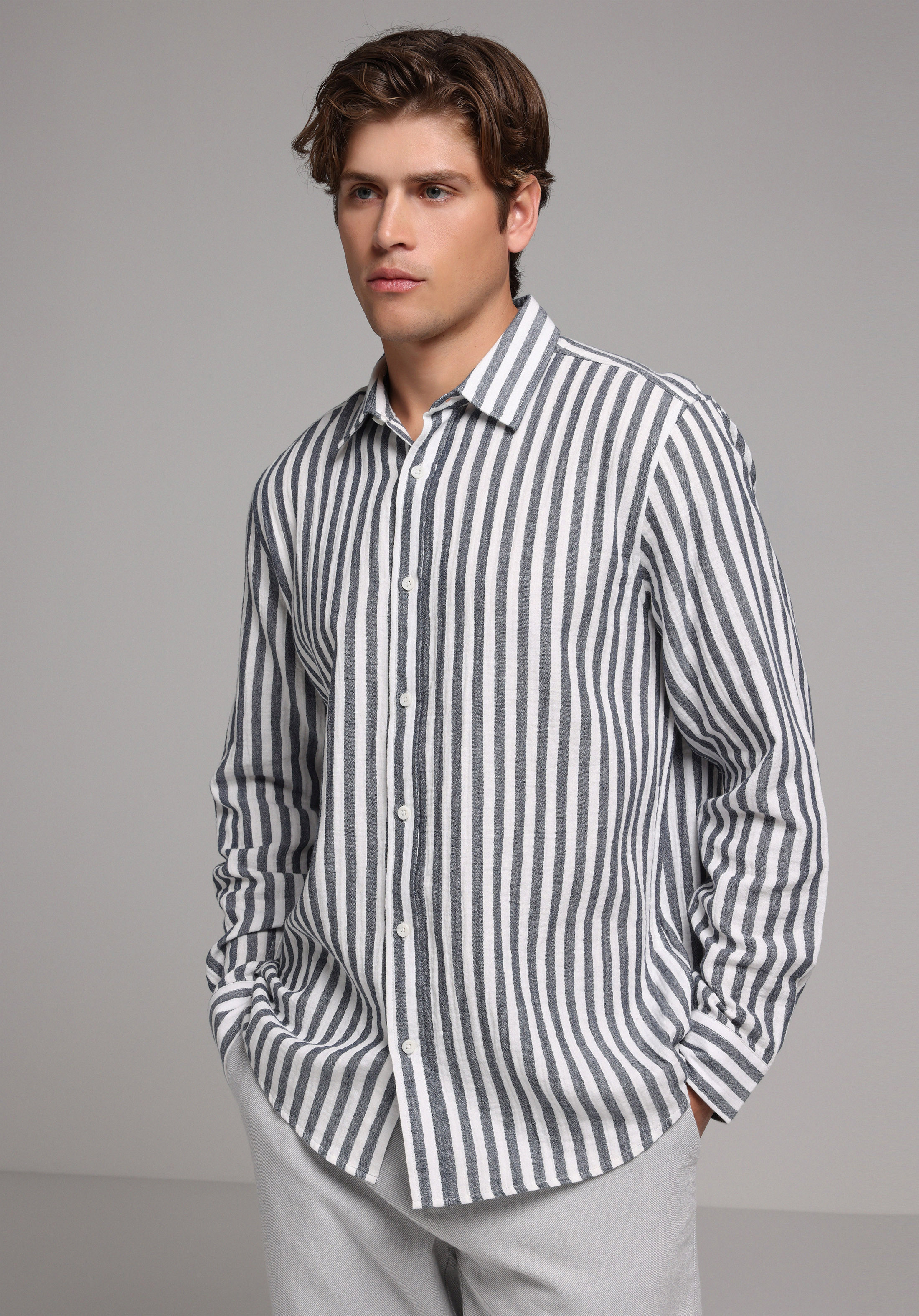 Relaxed Fit Shirt Neck Çizgili Erkek Lacivert Uzun Kol Gömlek