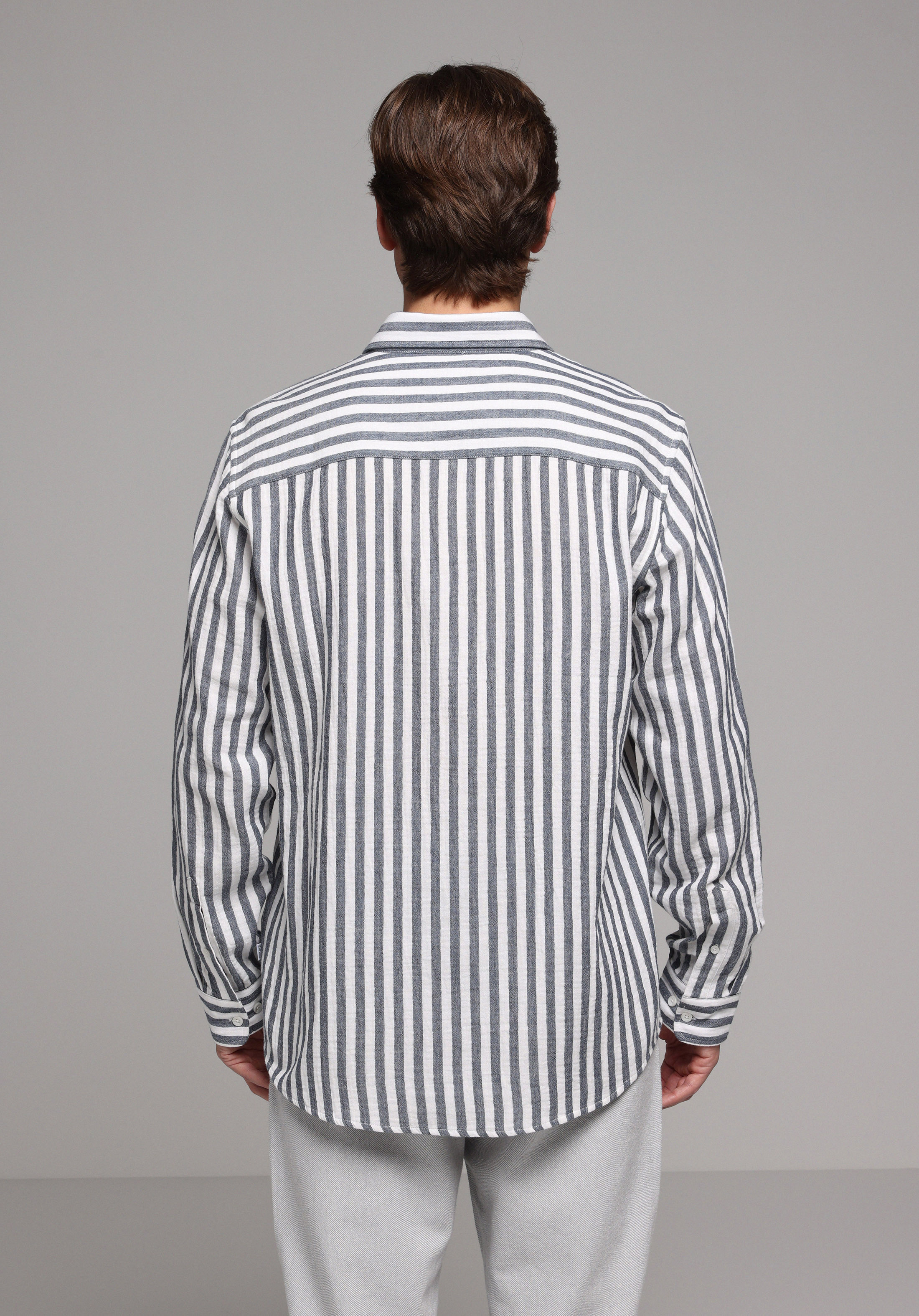 Relaxed Fit Shirt Neck Çizgili Erkek Lacivert Uzun Kol Gömlek