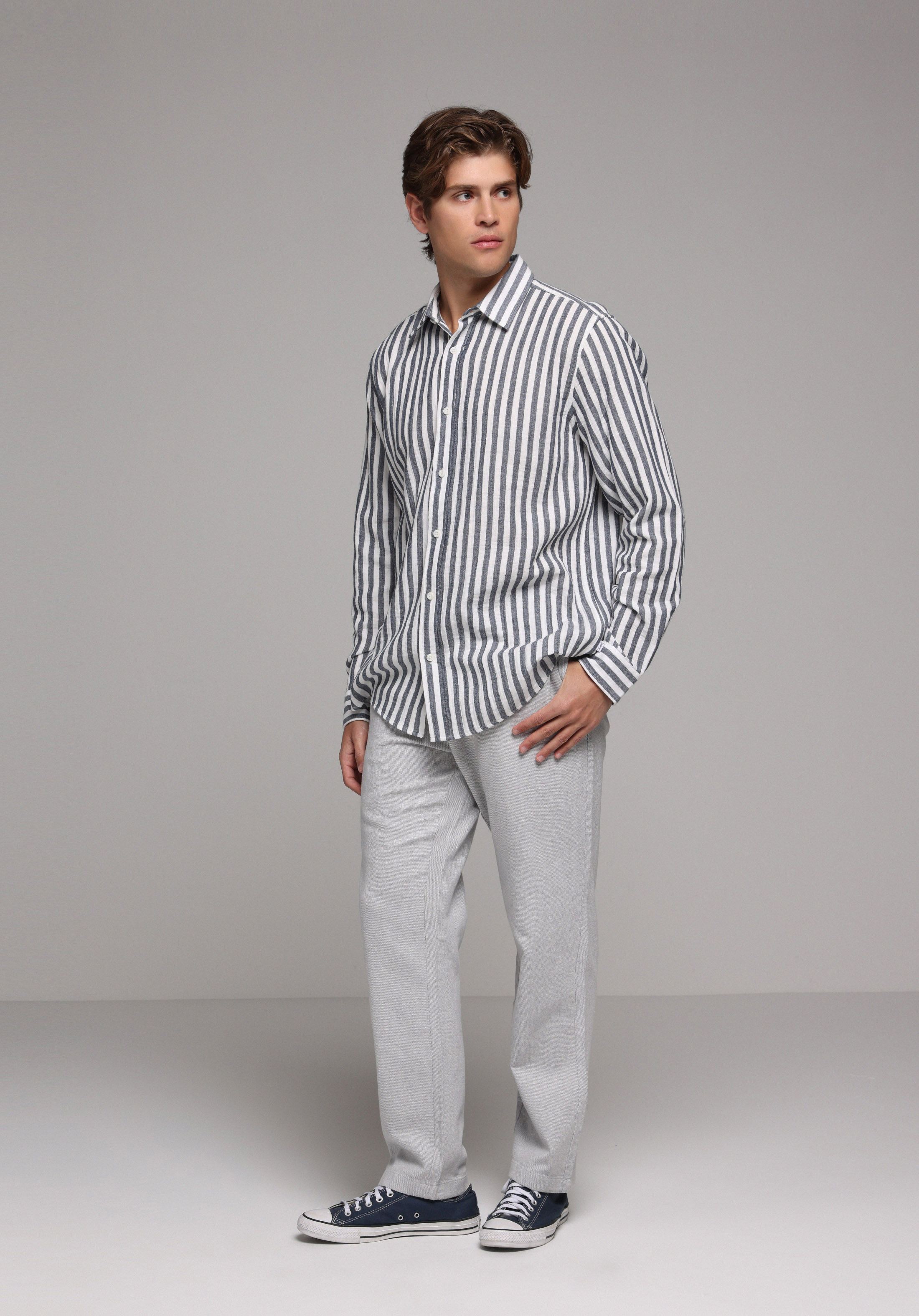 Relaxed Fit Shirt Neck Çizgili Erkek Lacivert Uzun Kol Gömlek