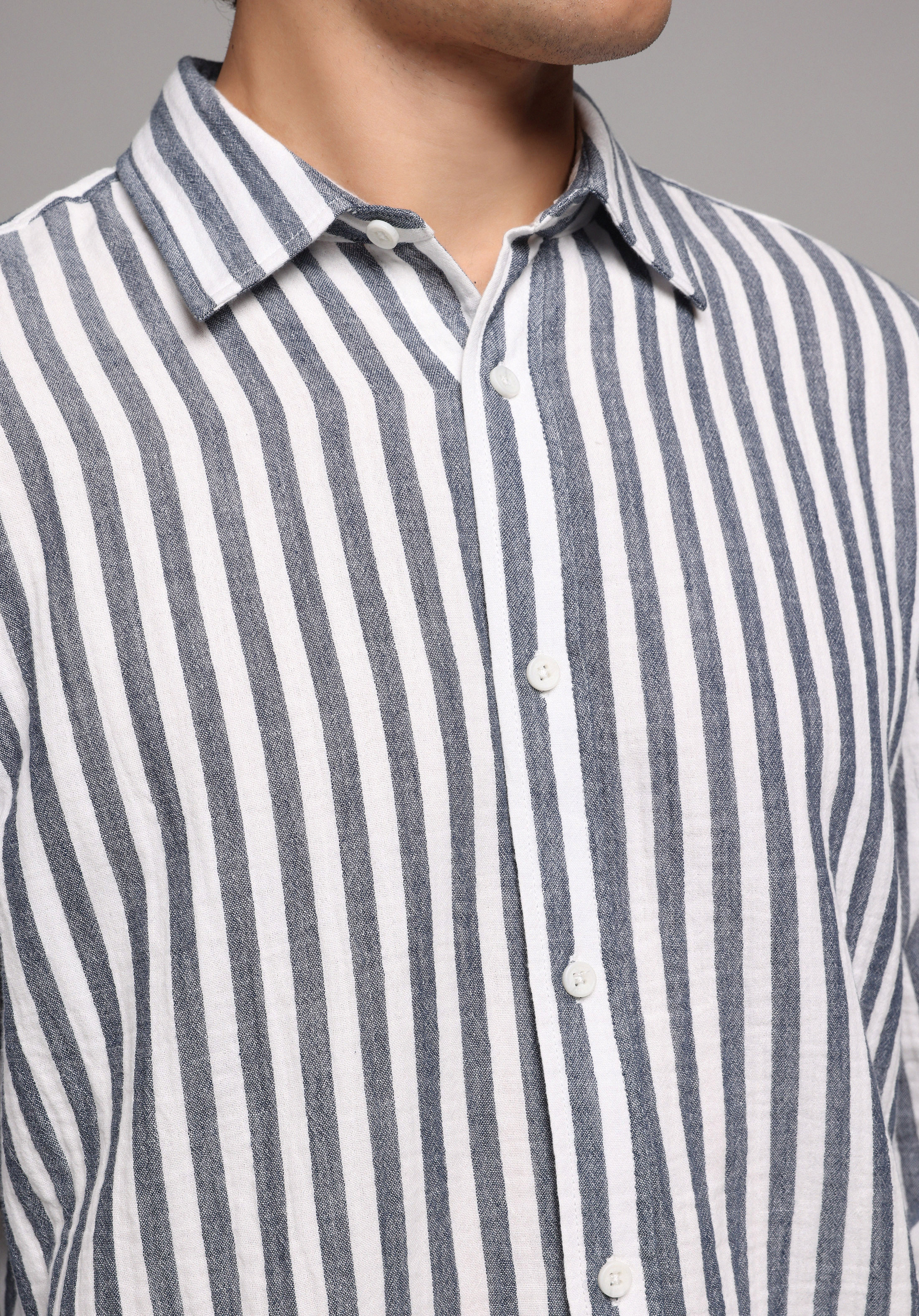 Relaxed Fit Shirt Neck Çizgili Erkek Lacivert Uzun Kol Gömlek
