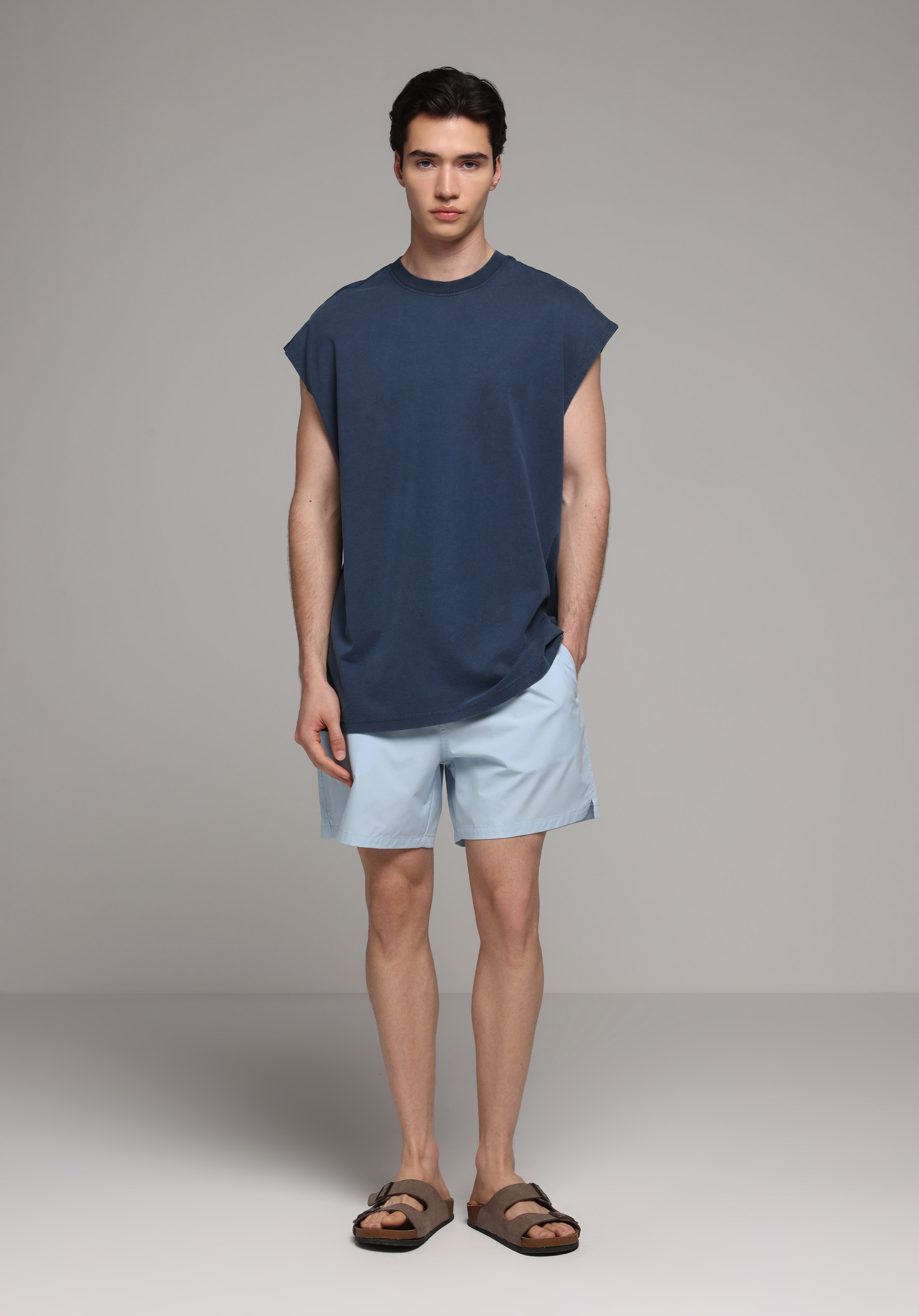 Slim Fit Düz Erkek Mavi Deniz Şortu